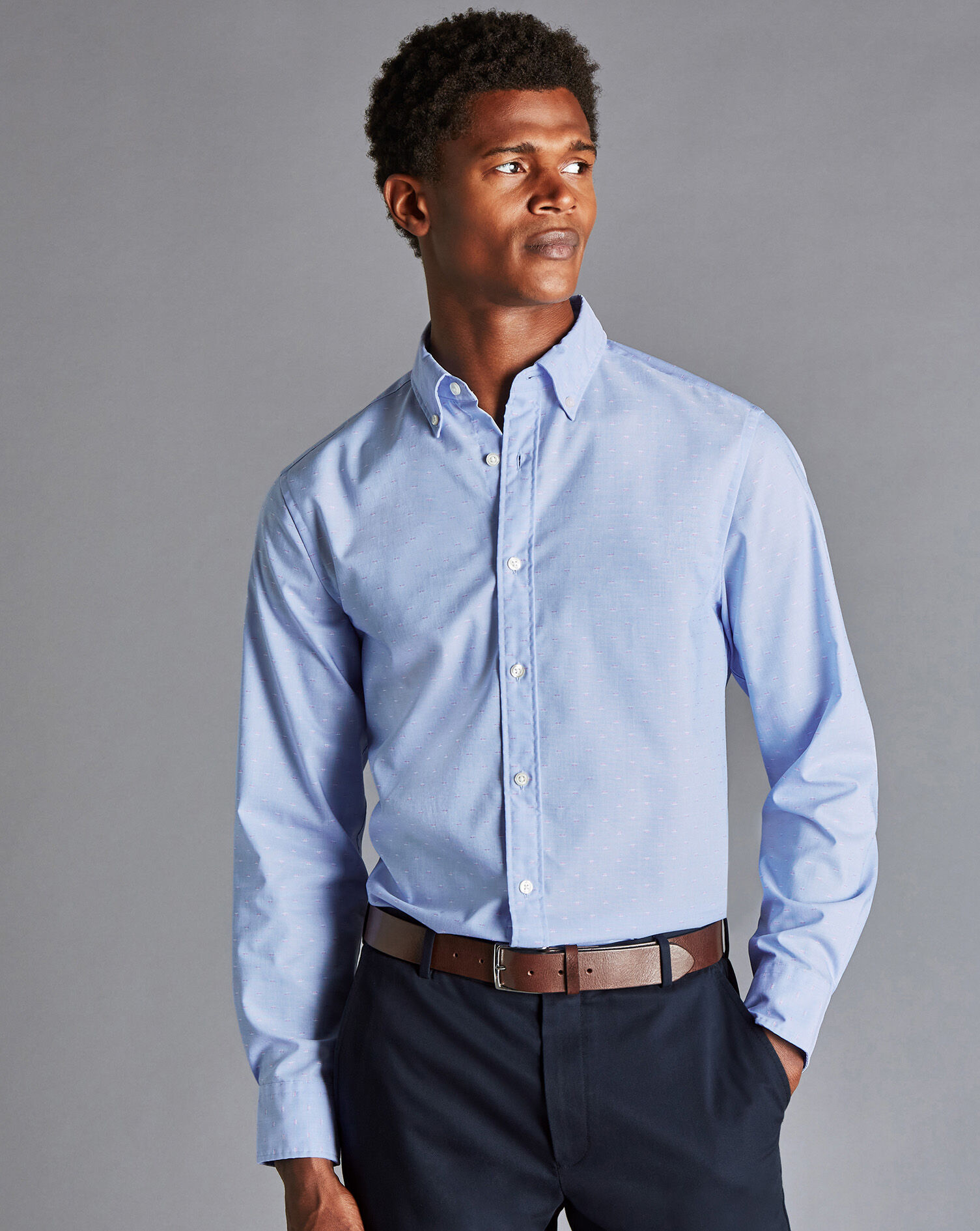 Charles Tyrwhitt Button-Down Collar Non-Iron Stretch Clip Dobby Shirt - Cornflower Blue