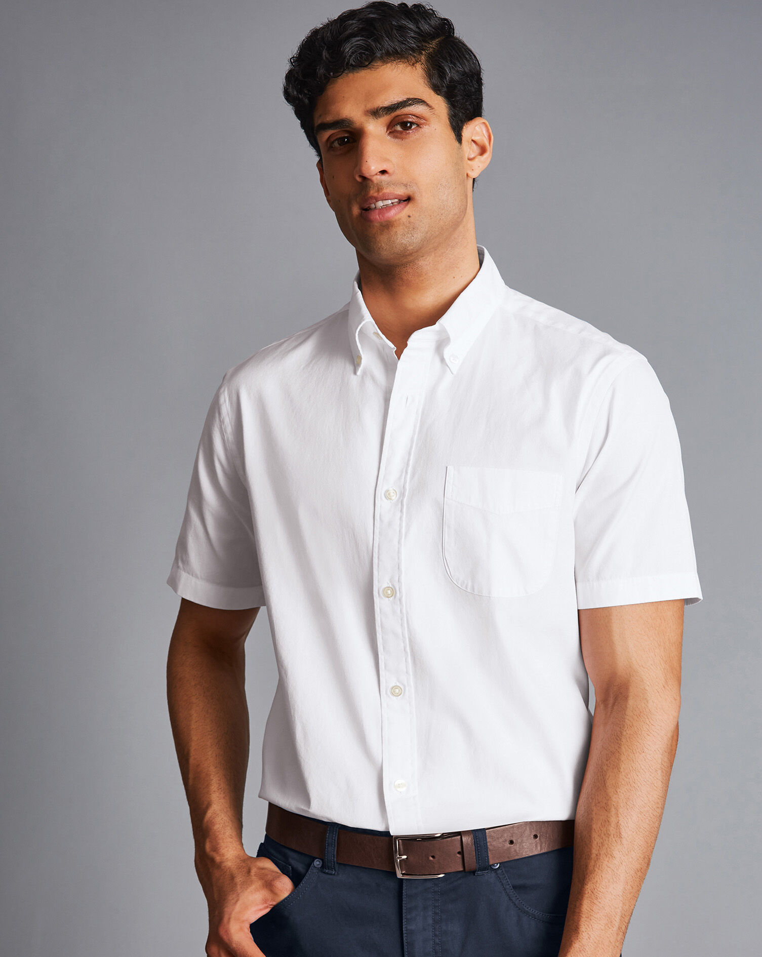 Charles Tyrwhitt Button-Down Collar Washed Oxford Short Sleeve Shirt - White