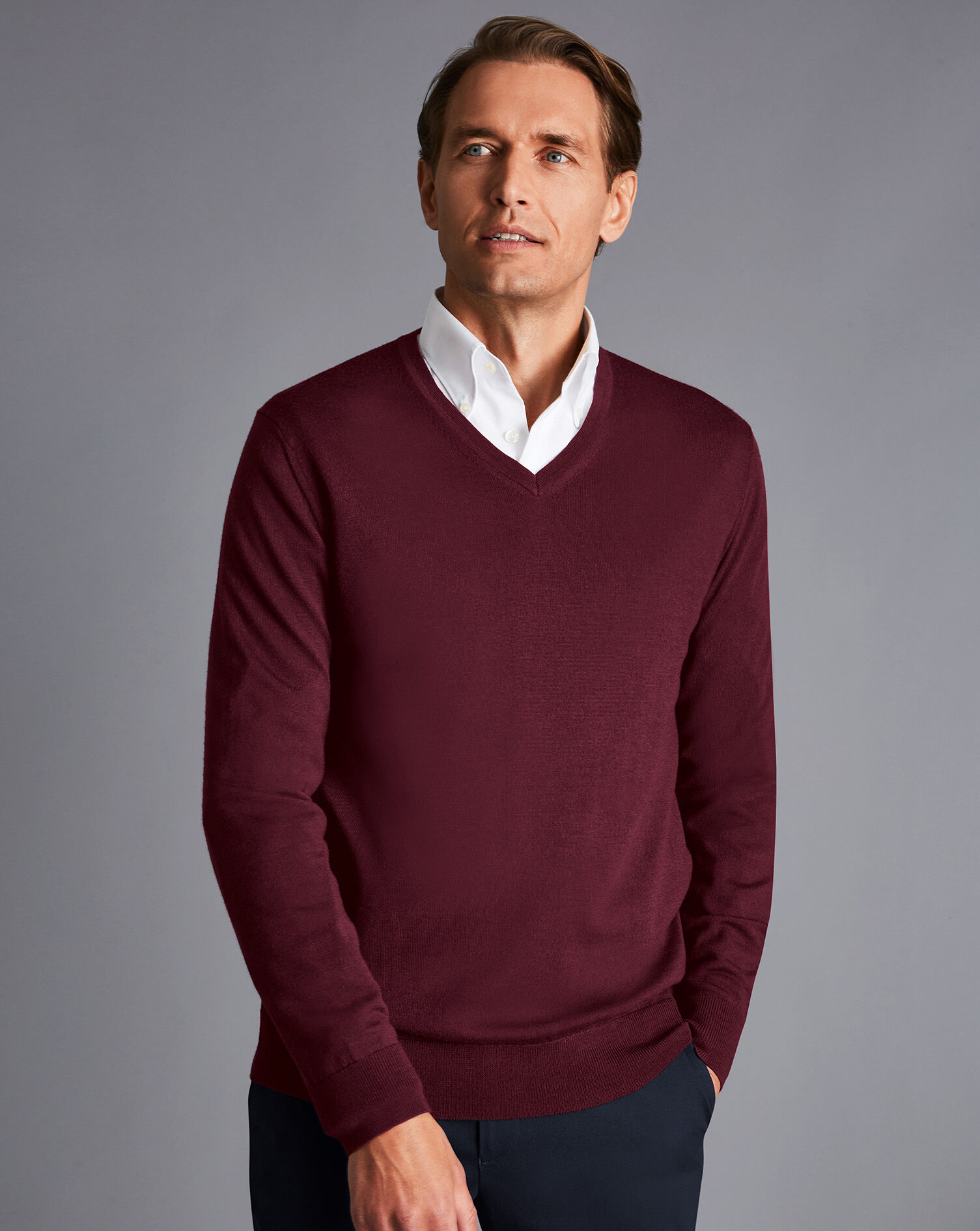 Charles Tyrwhitt Merino V-Neck Sweater - Burgundy