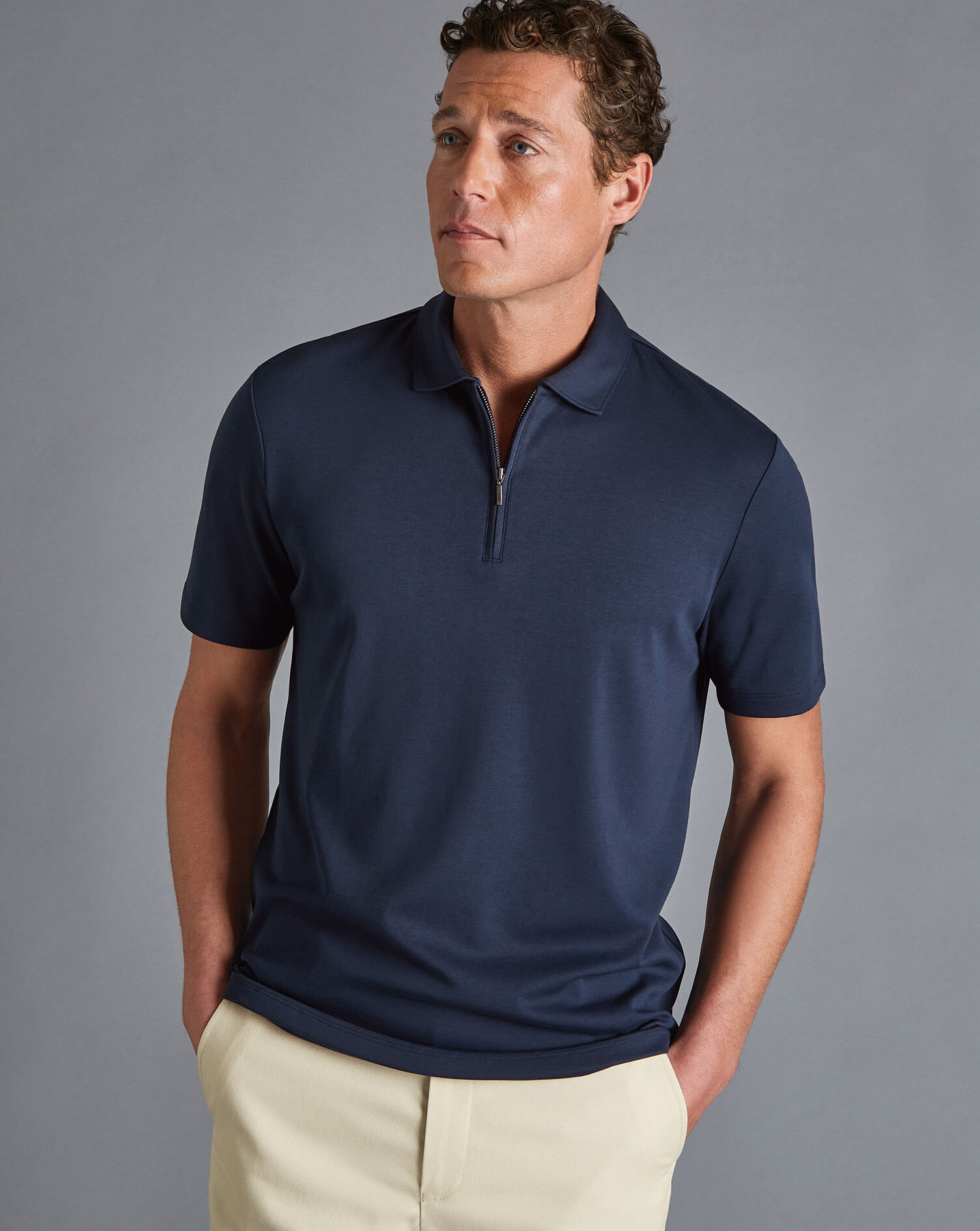 Charles Tyrwhitt Zip-Neck Jersey Polo - Navy