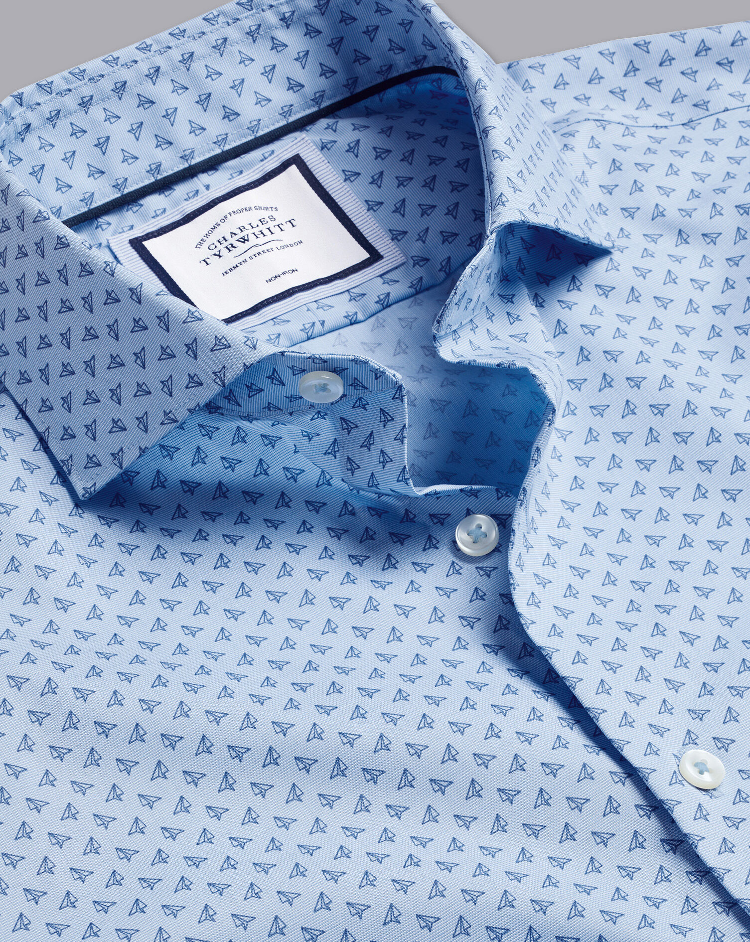Charles Tyrwhitt Semi-Spread Collar Non-Iron Paper Airplane Print Shirt - Sky Blue