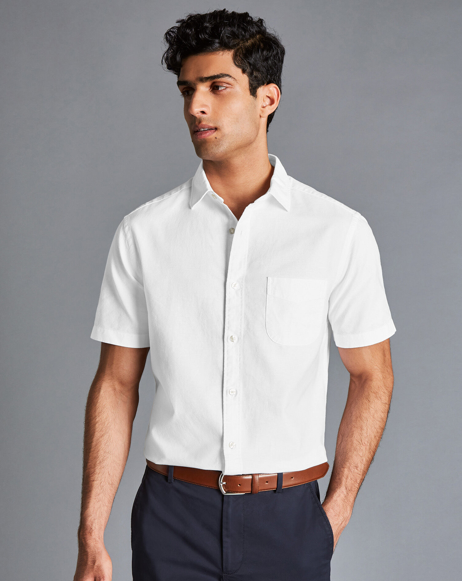 Charles Tyrwhitt Cotton Linen Oxford Short Sleeve Shirt - White