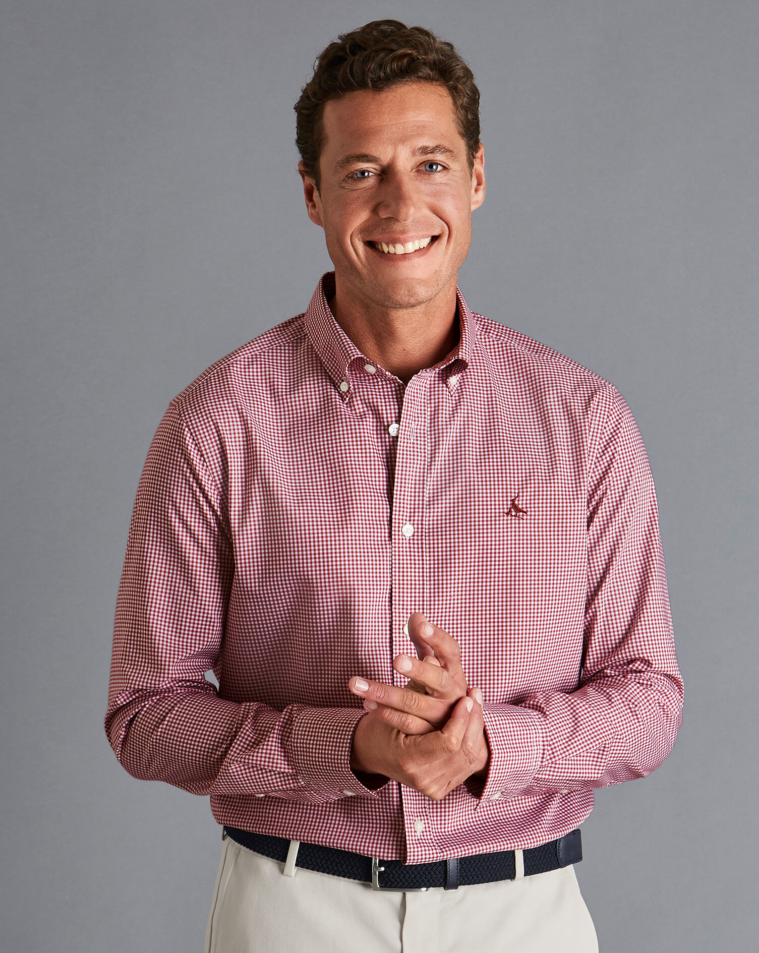 Charles Tyrwhitt Button-Down Collar Non-Iron Stretch Mini Gingham Check Shirt - Cherry Pink