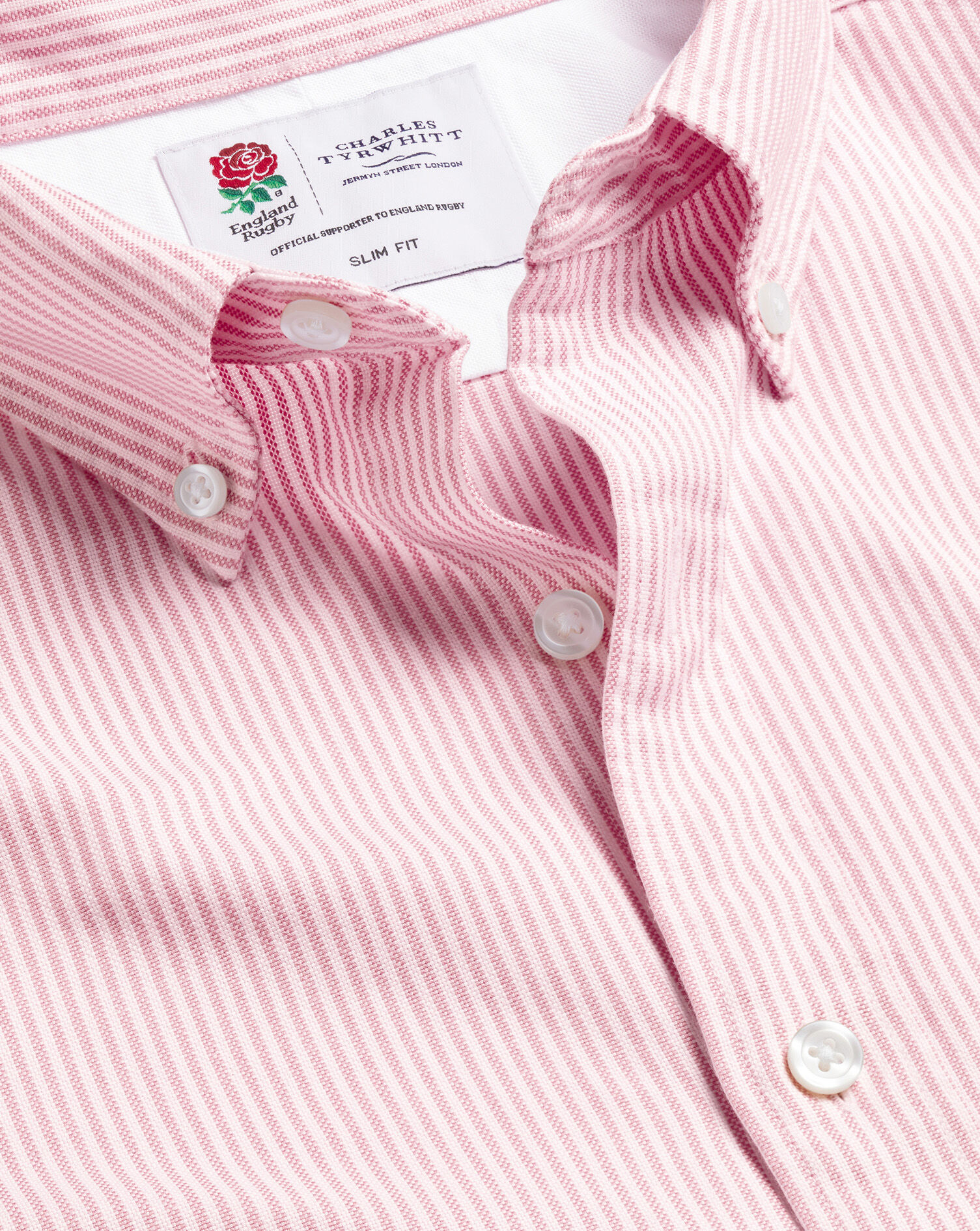 Charles Tyrwhitt England Rugby Button-Down Collar Washed Oxford Bengal Stripe Shirt - Pink