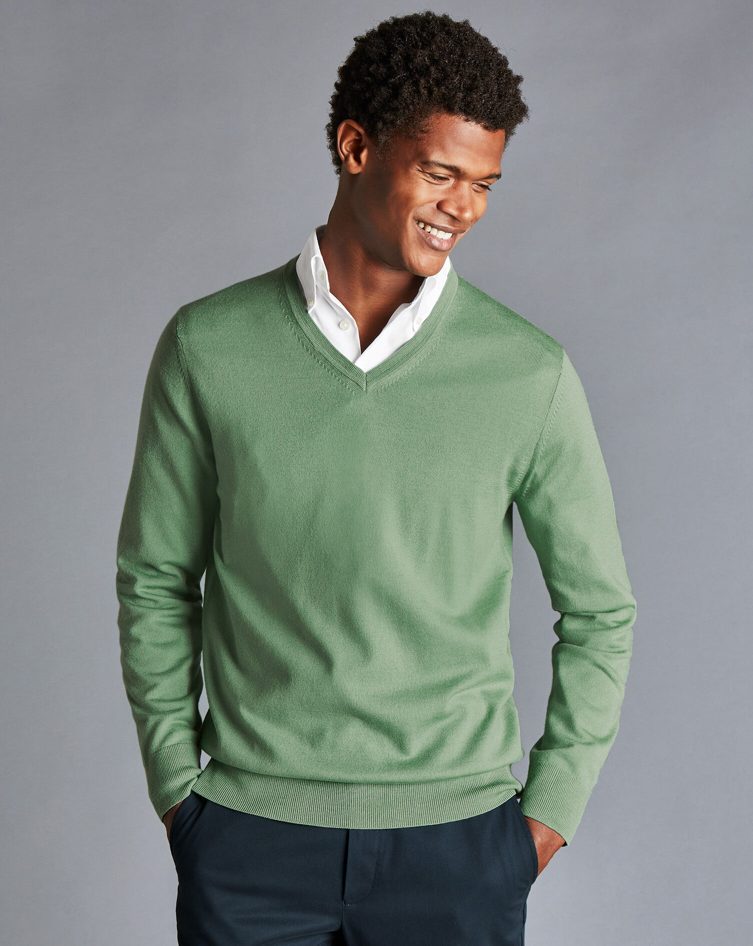 Charles Tyrwhitt Merino V-Neck Sweater - Green
