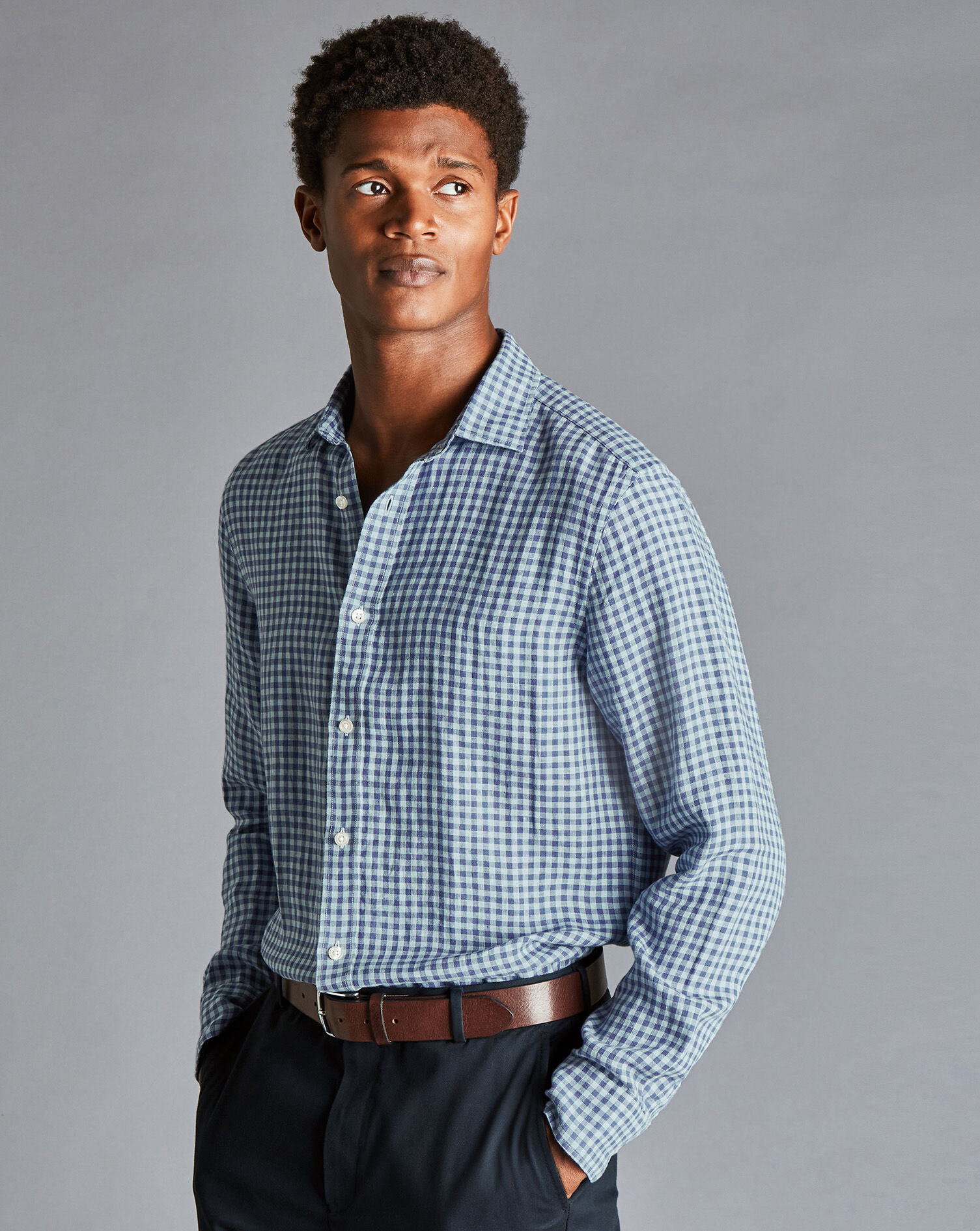 Charles Tyrwhitt Pure Linen Gingham Shirt - Indigo Blue