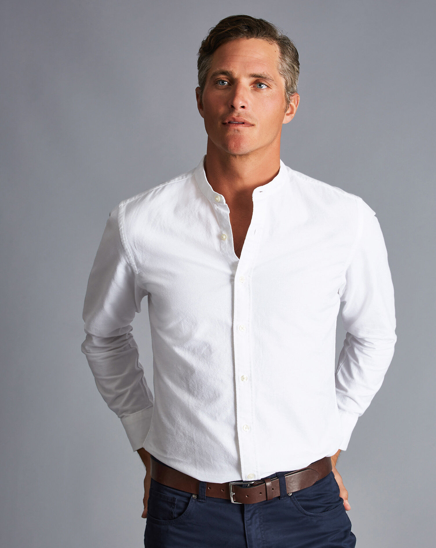 Charles Tyrwhitt Collarless Cotton Linen Shirt - White
