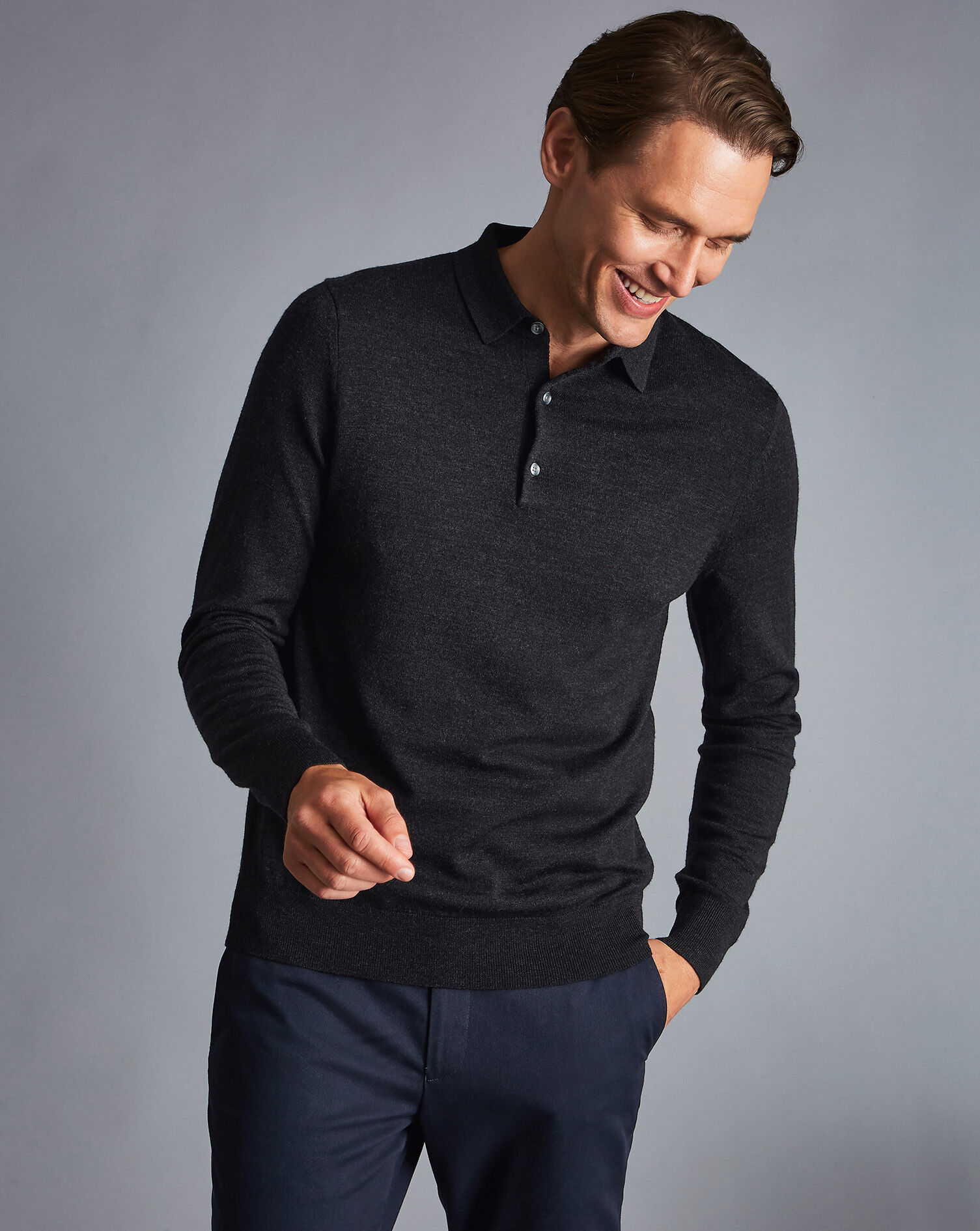 Charles Tyrwhitt Merino Polo Sweater - Charcoal Grey