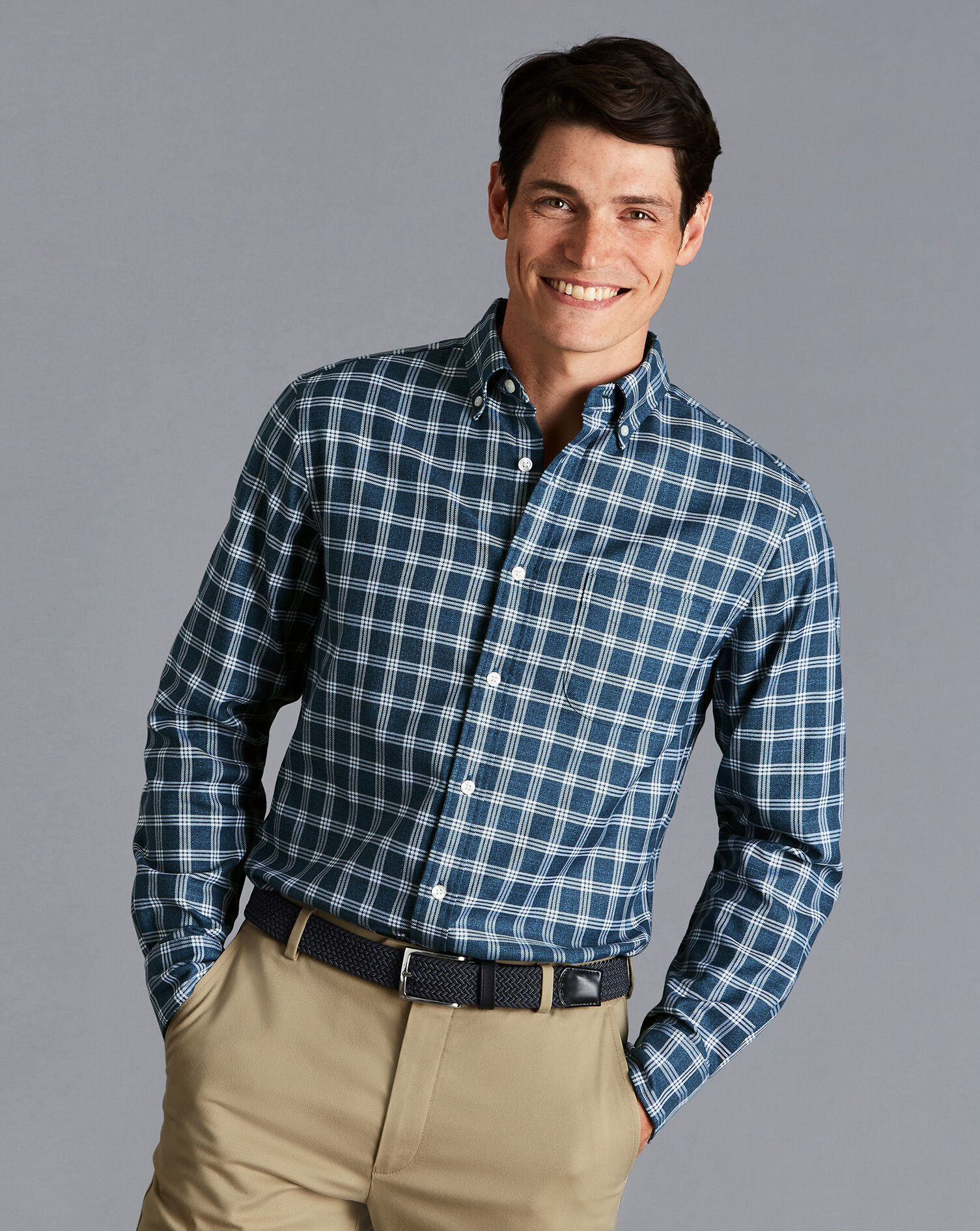 Charles Tyrwhitt Button-Down Collar Non-Iron Twill Windowpane Check Shirt - Petrol Blue