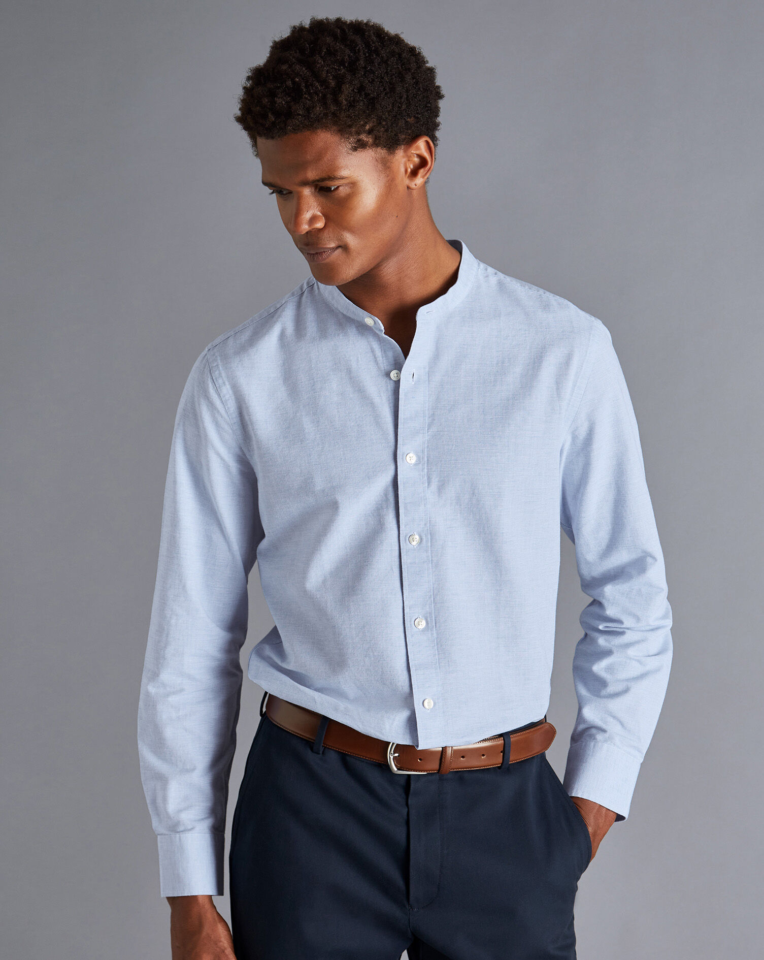 Charles Tyrwhitt Collarless Cotton Linen Shirt - Ocean Blue