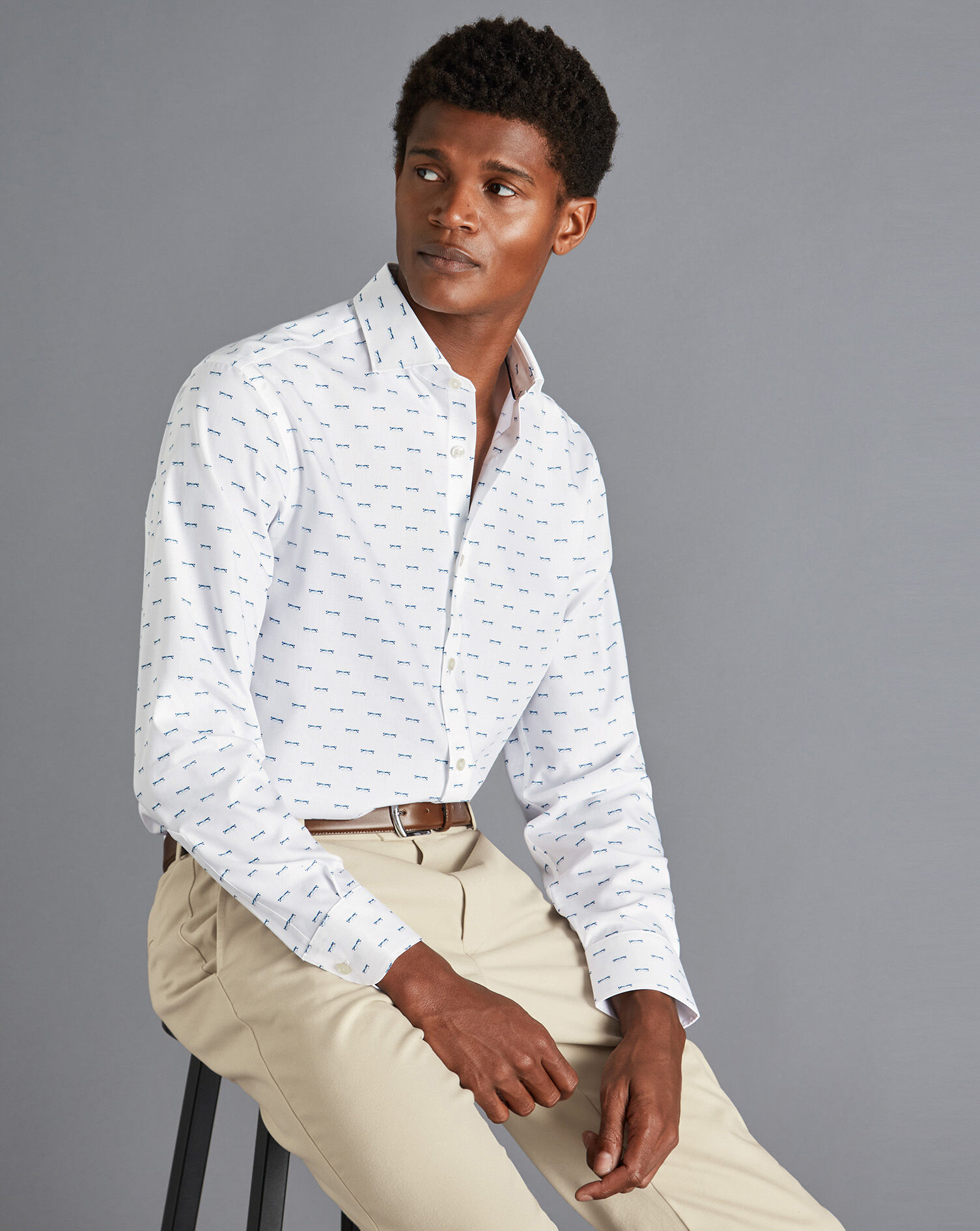 Charles Tyrwhitt Semi-Spread Collar Non-Iron Glasses Print Shirt - Cornflower Blue