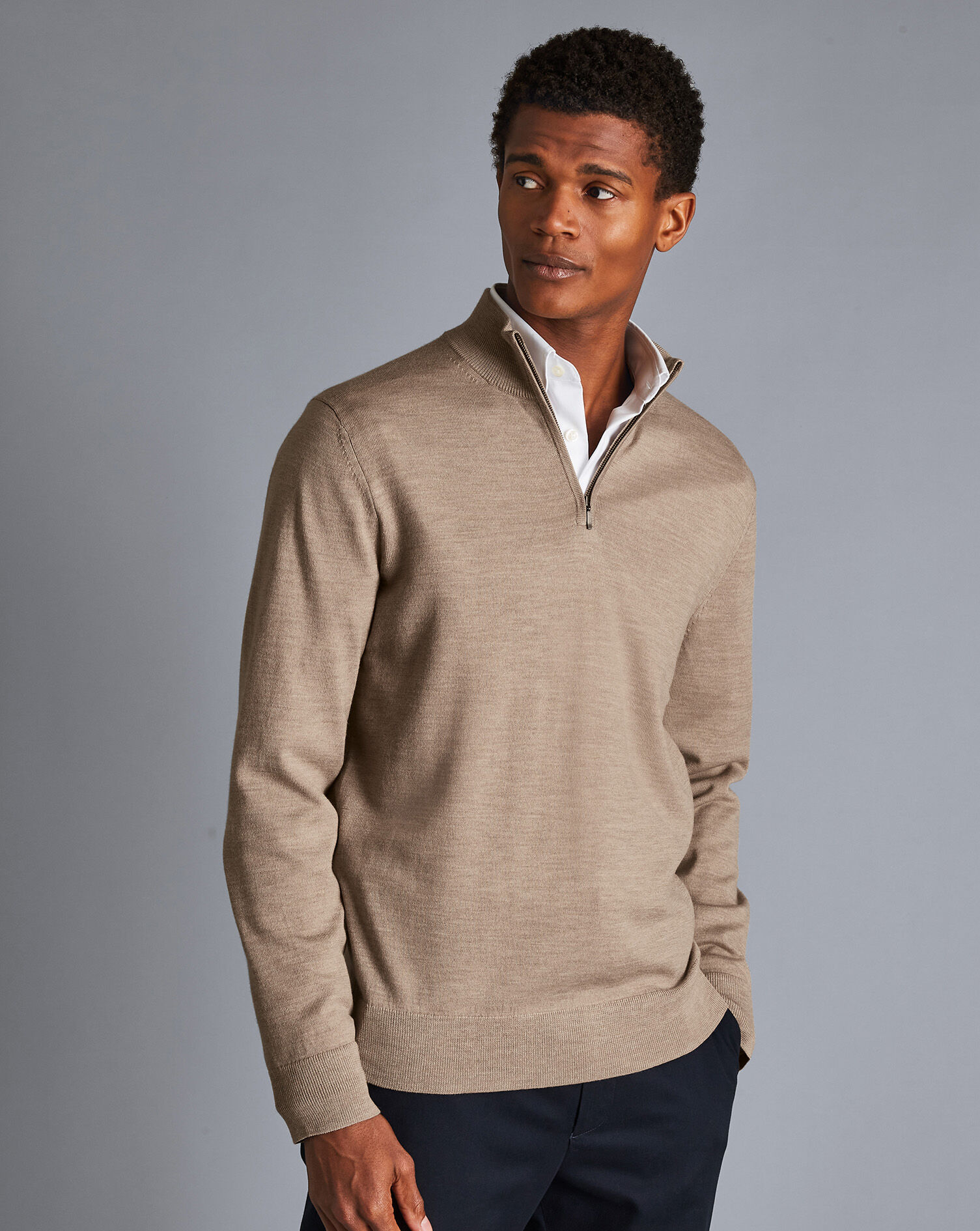 Charles Tyrwhitt Merino Zip Neck Sweater - Oatmeal