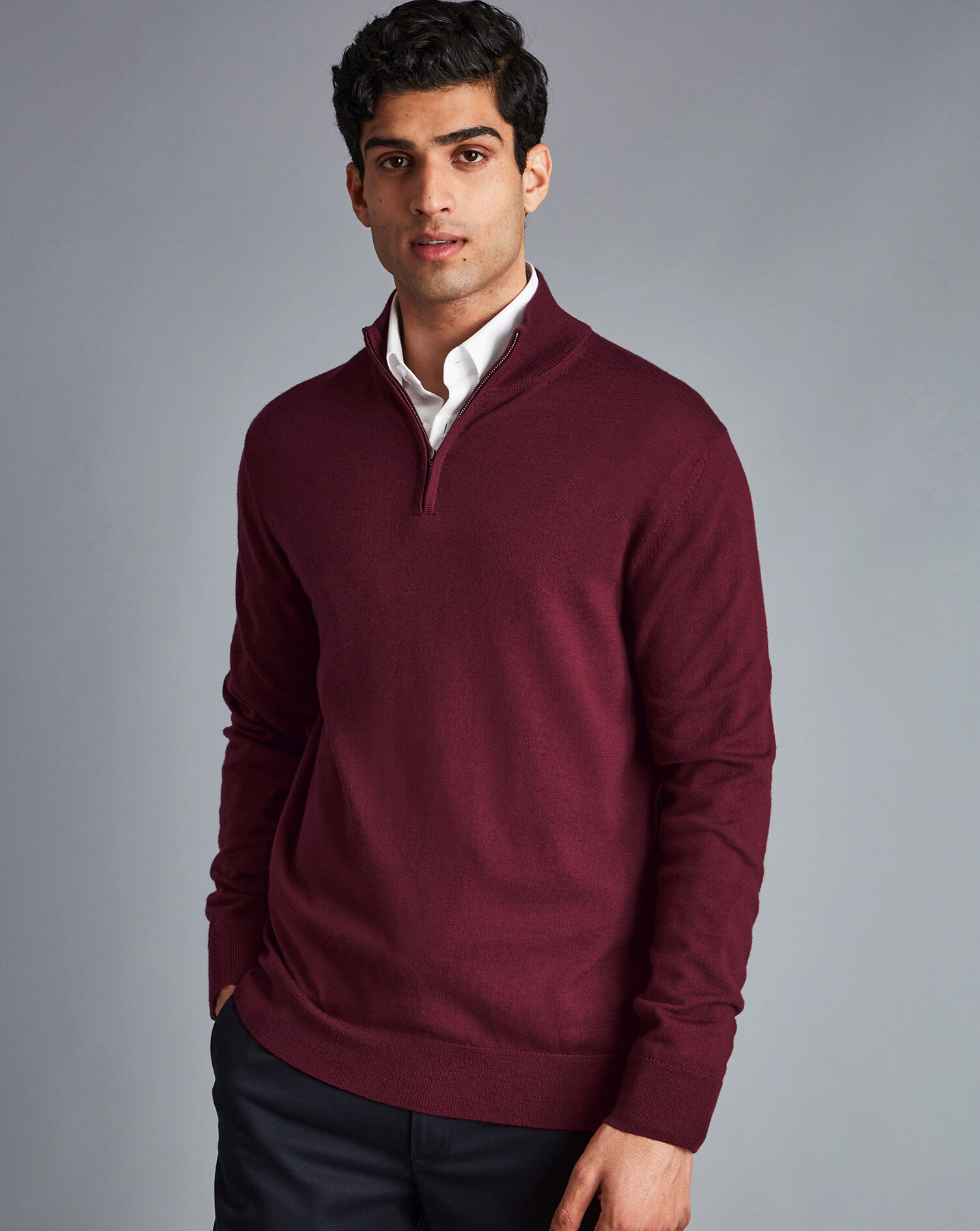 Charles Tyrwhitt Merino Zip Neck Sweater - Burgundy