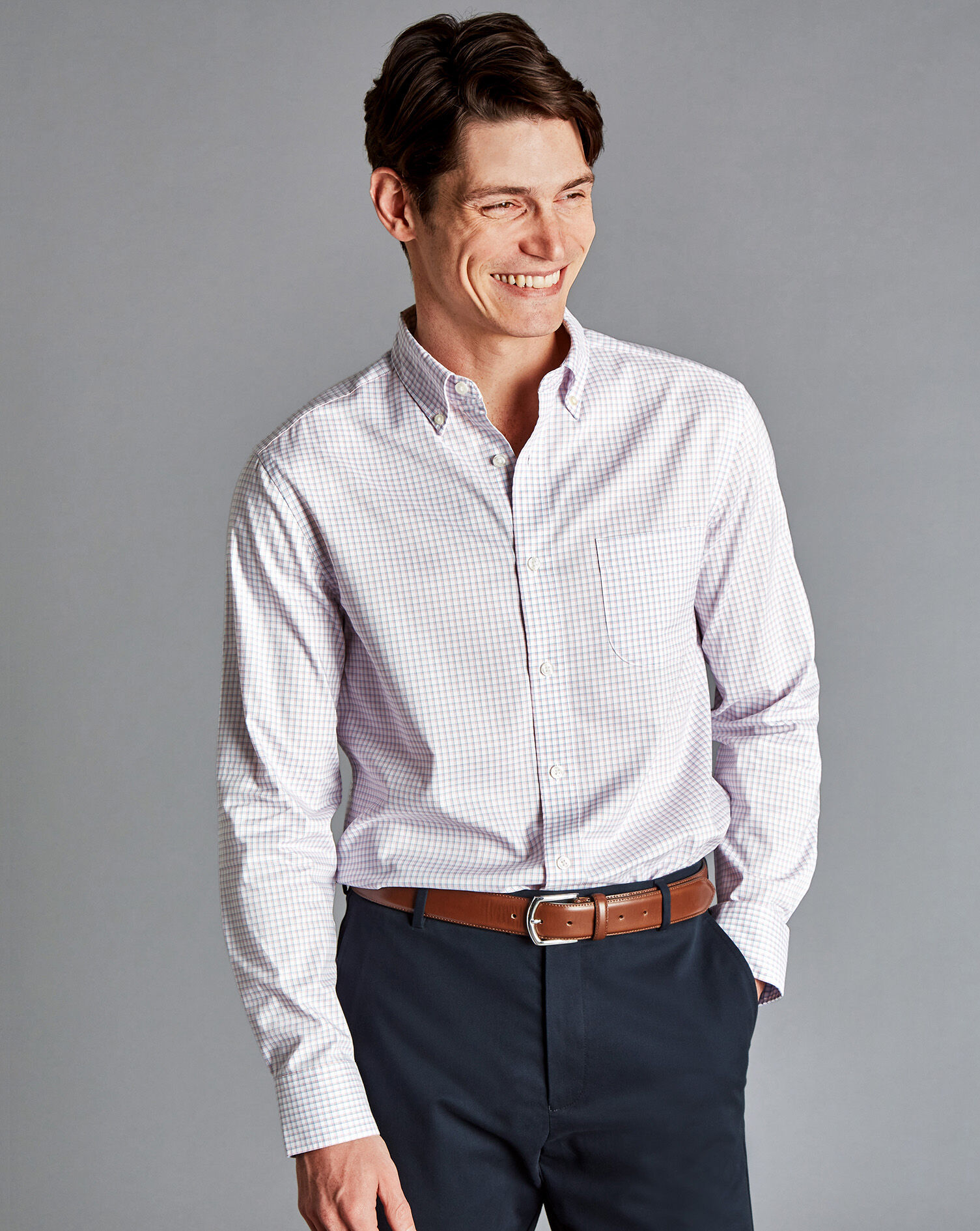 Charles Tyrwhitt Button-Down Collar Non-Iron Cotton Stretch Oxford Shadow Check Shirt - Pink