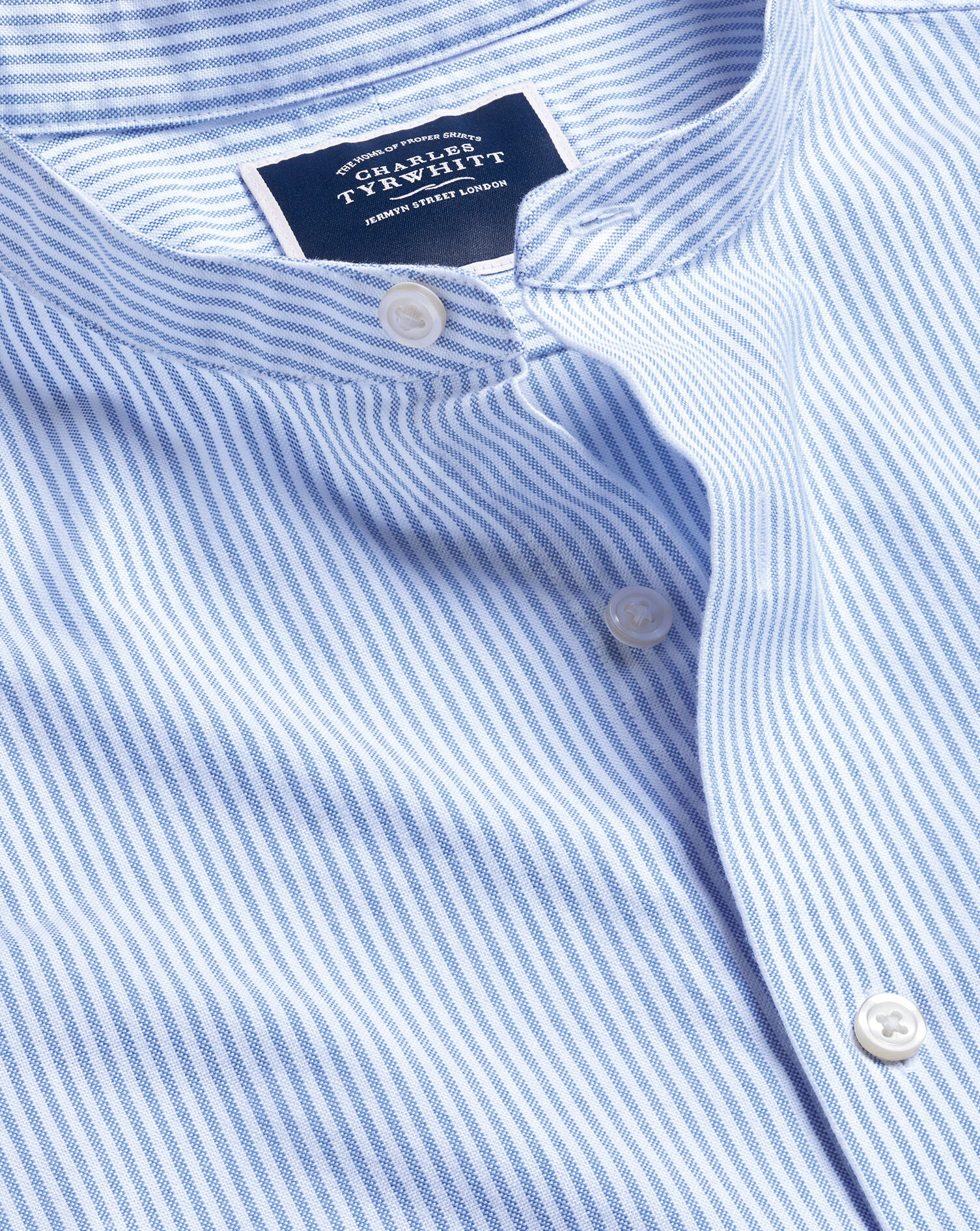 Charles Tyrwhitt Collarless Stretch Washed Oxford Stripe Shirt - Ocean Blue