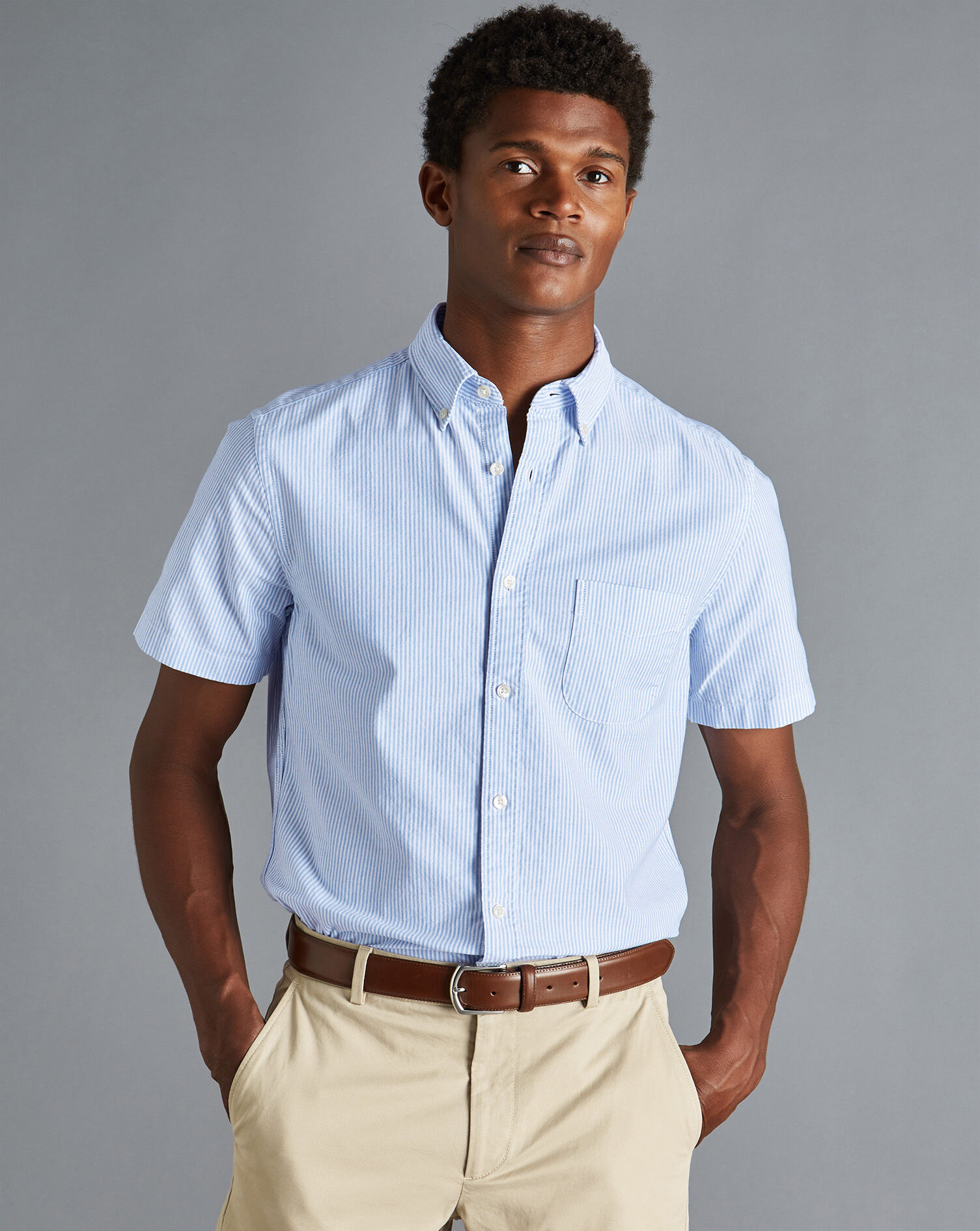 Charles Tyrwhitt Button-Down Collar Washed Oxford Stripe Short Sleeve Shirt - Ocean Blue