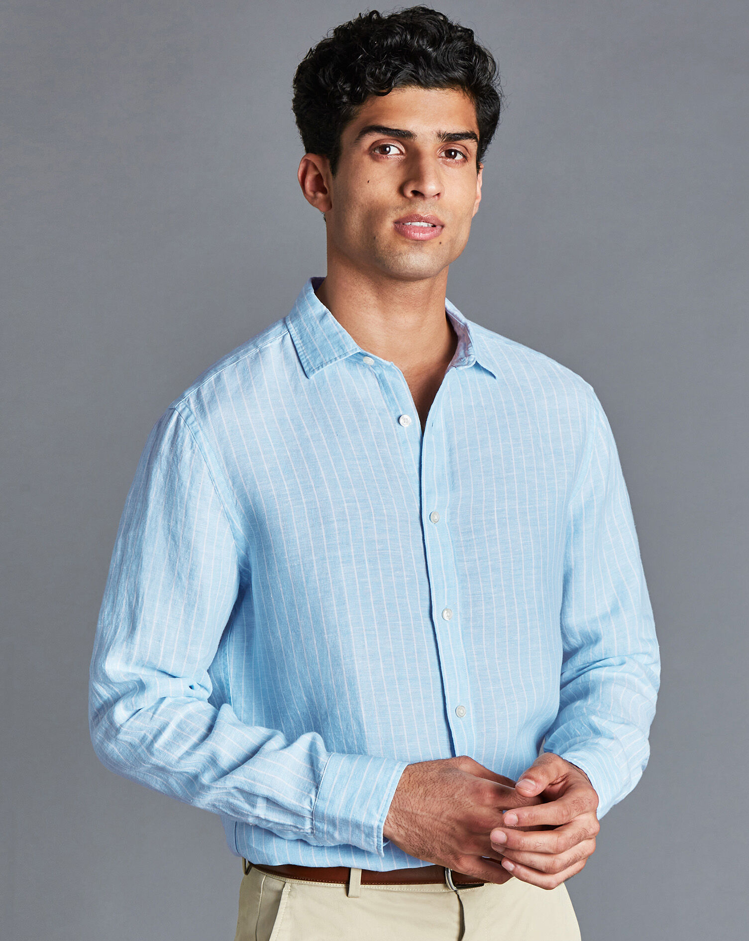 Charles Tyrwhitt Pure Linen Stripe Shirt - Light Blue