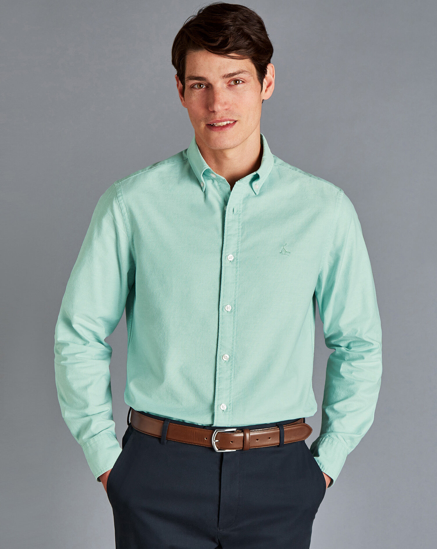Charles Tyrwhitt Button-Down Collar Washed Oxford Shirt - Aqua Green