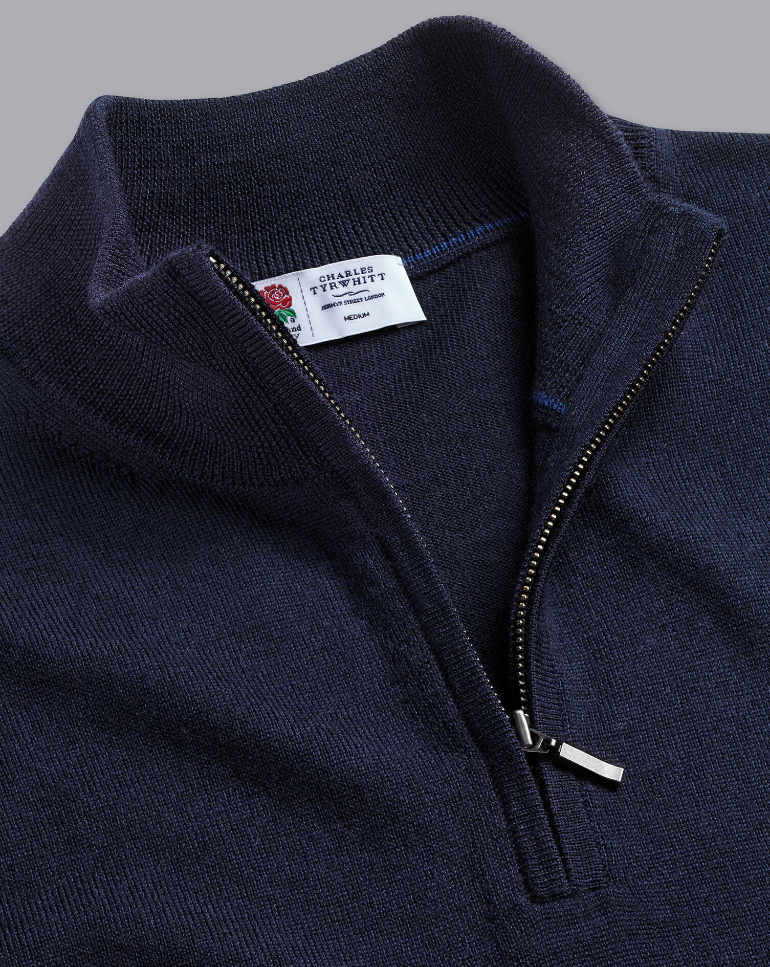 Charles Tyrwhitt England Rugby Red Rose Merino Zip Neck Sweater - Navy