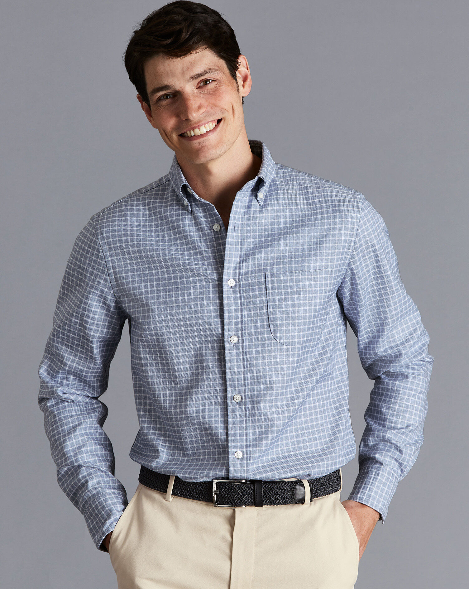 Charles Tyrwhitt Button-Down Collar Non-Iron Twill Check Shirt - Steel Blue