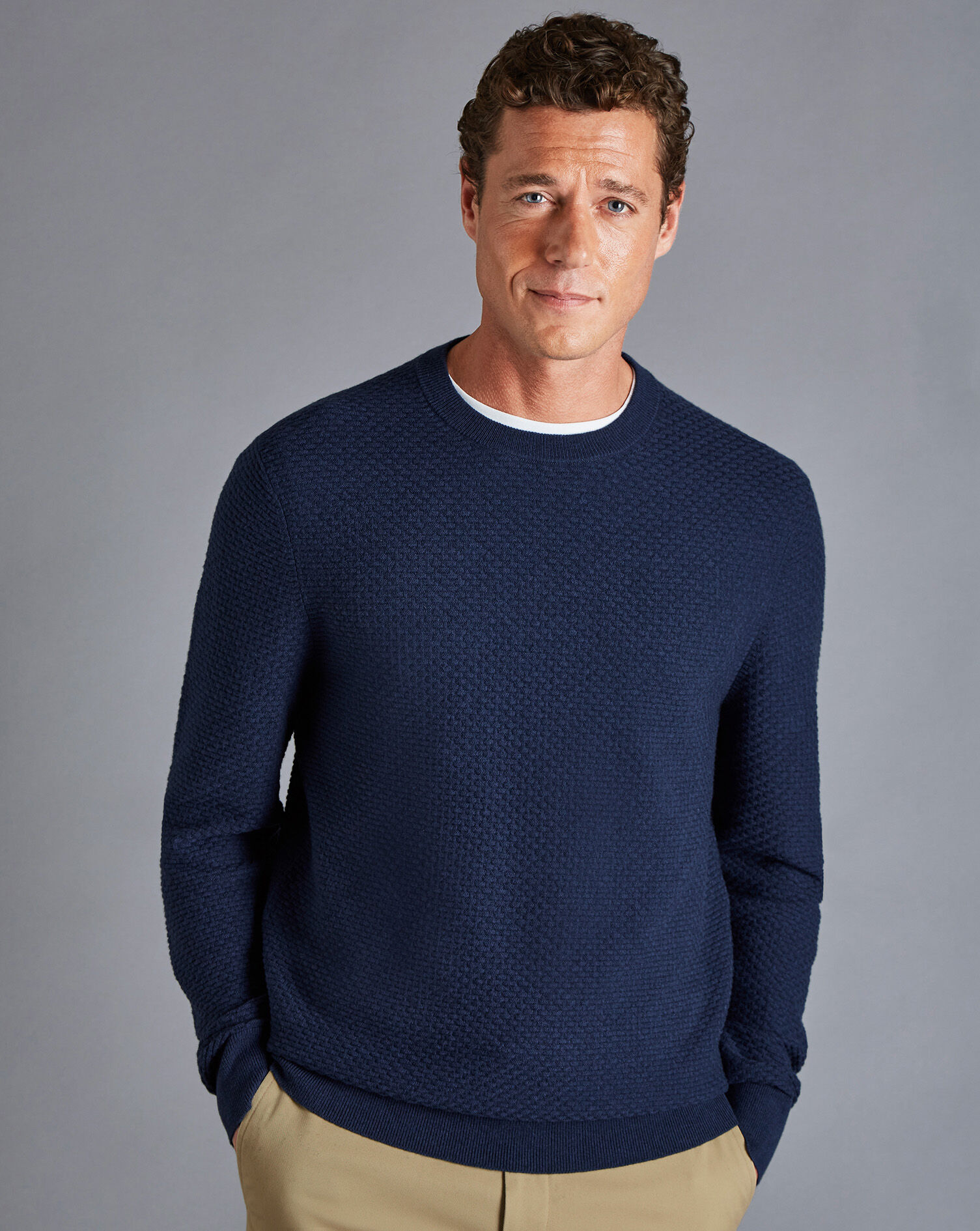 Charles Tyrwhitt Cotton Merino Textured Crew Neck Sweater - Ink Blue