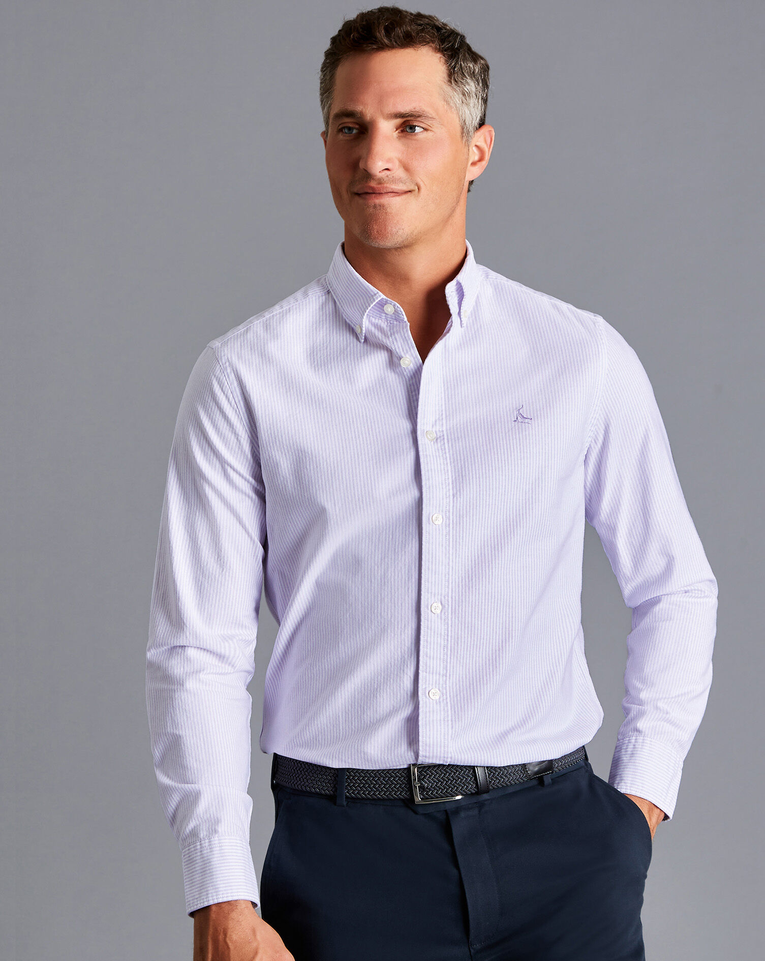 Charles Tyrwhitt Button-Down Collar Stretch Washed Oxford Stripe Shirt - Mauve