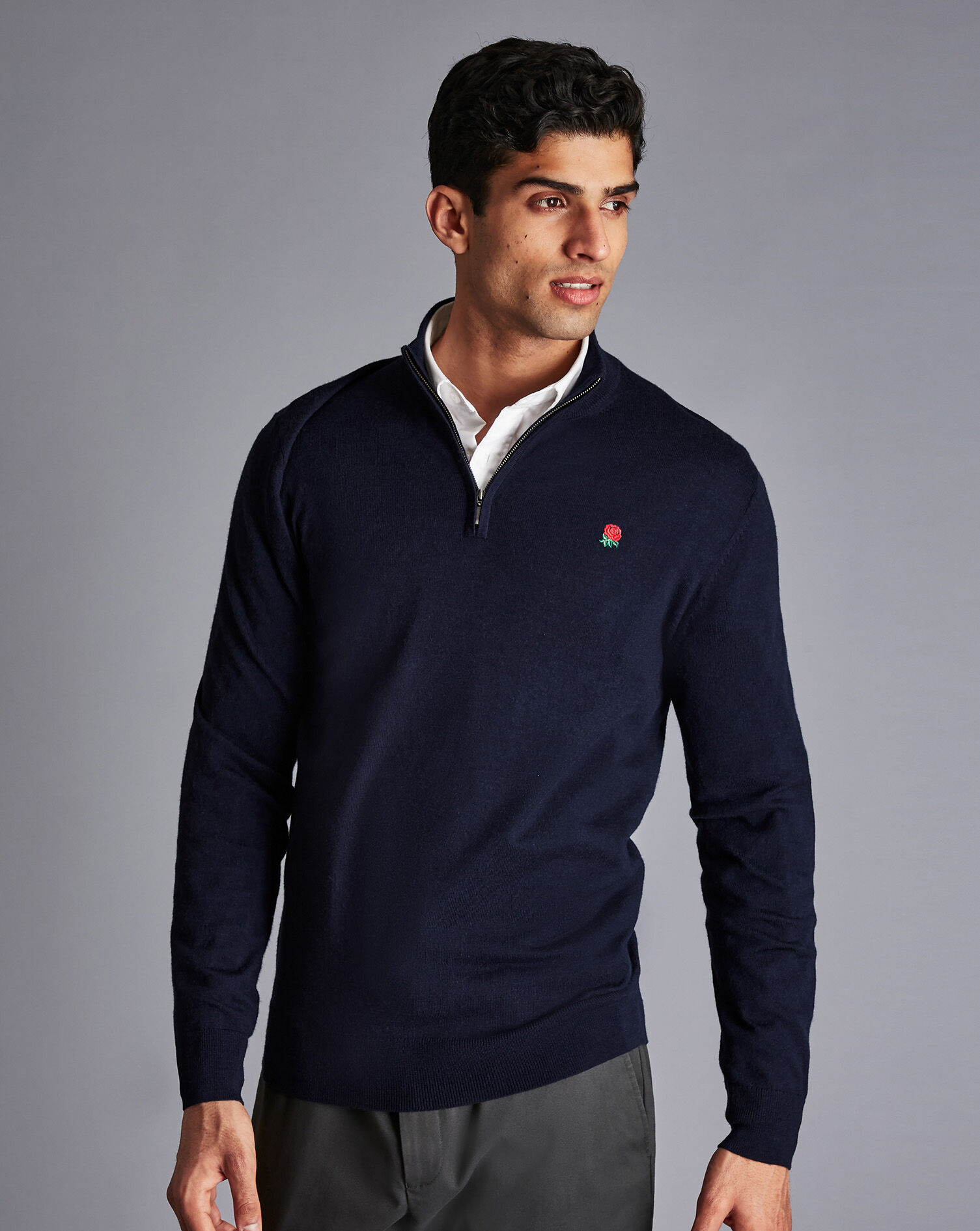 Charles Tyrwhitt England Rugby Red Rose Merino Zip Neck Sweater - Navy