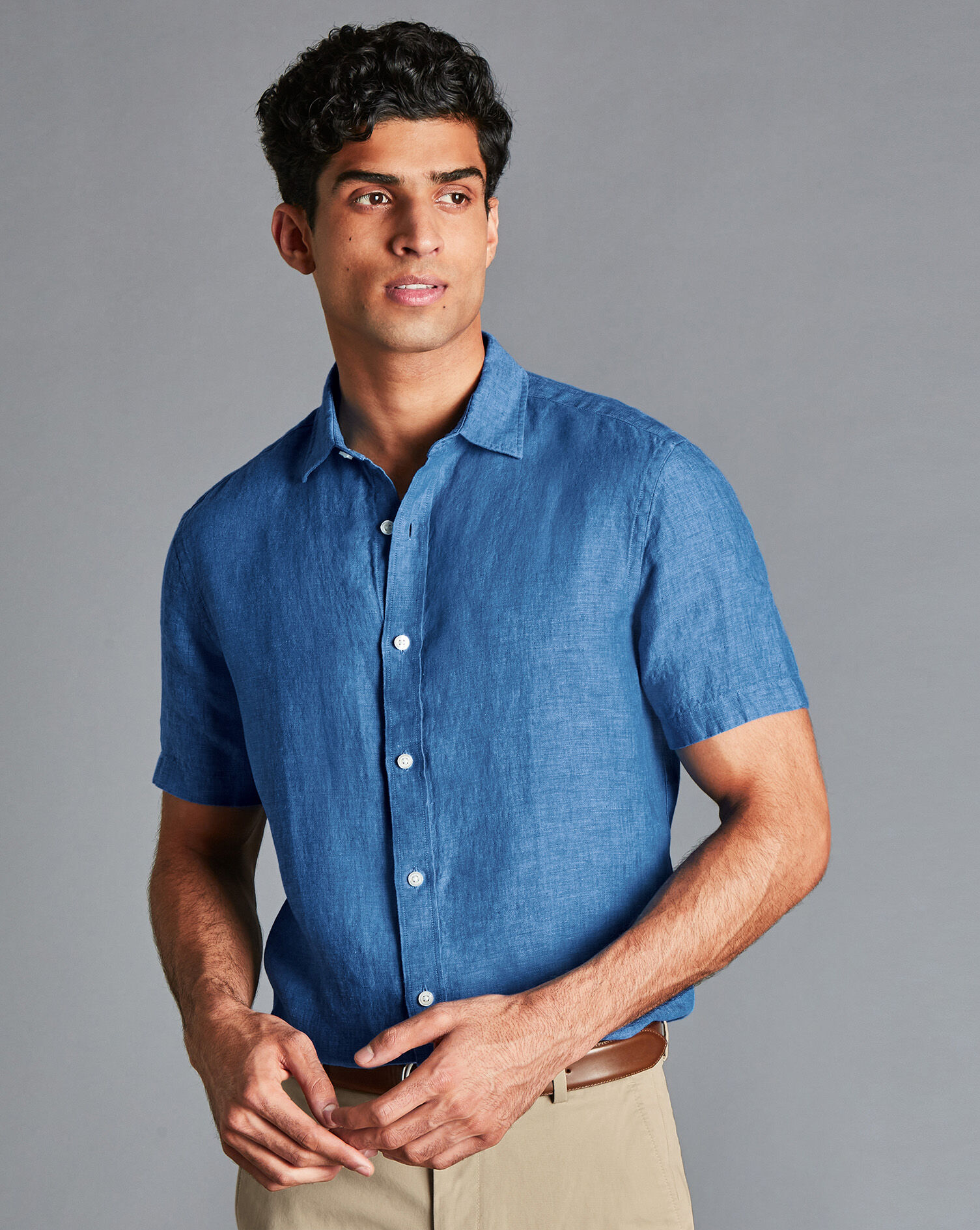 Charles Tyrwhitt Pure Linen Short Sleeve Shirt - Ocean Blue