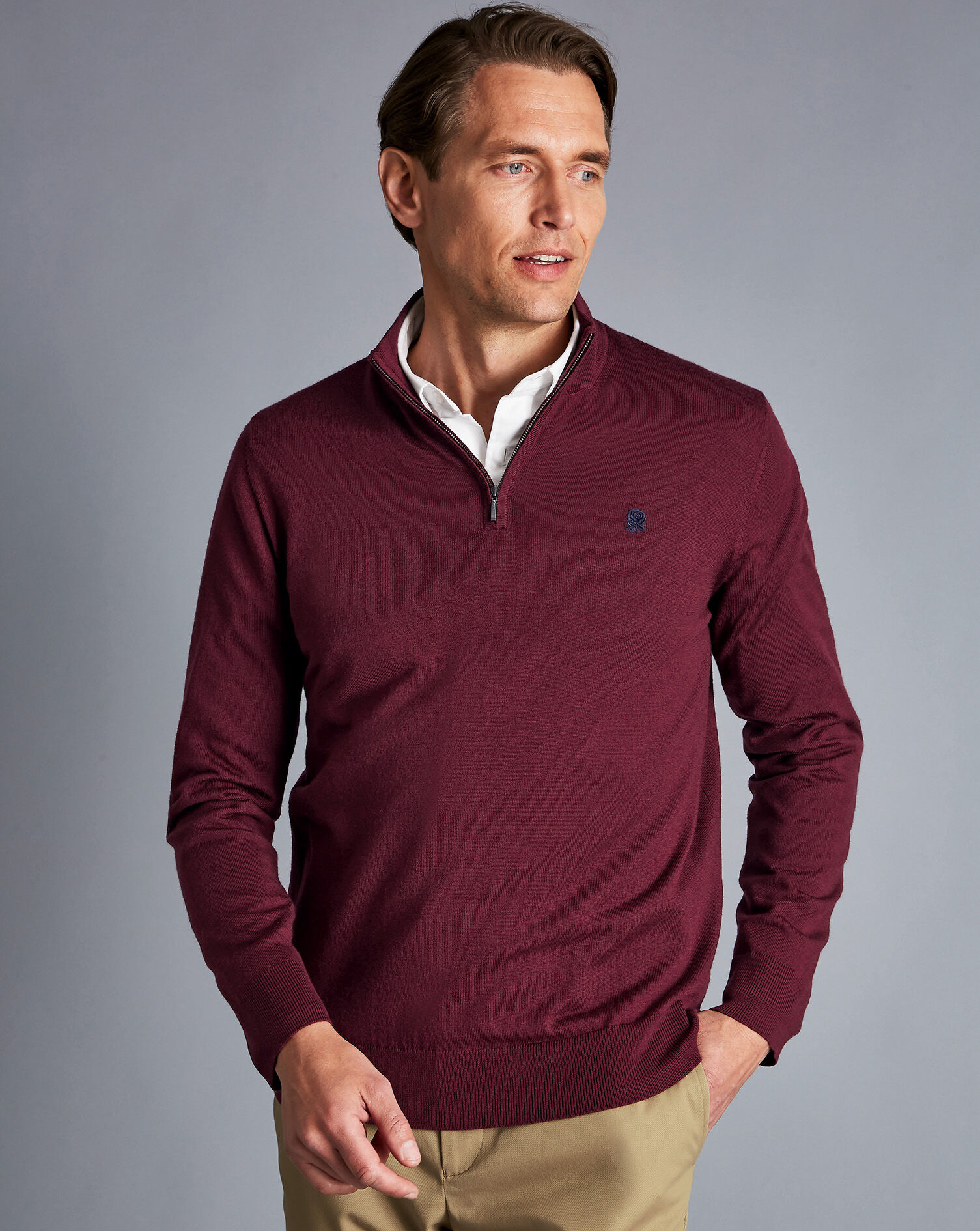 Charles Tyrwhitt England Rugby Merino Zip Neck Sweater - Burgundy