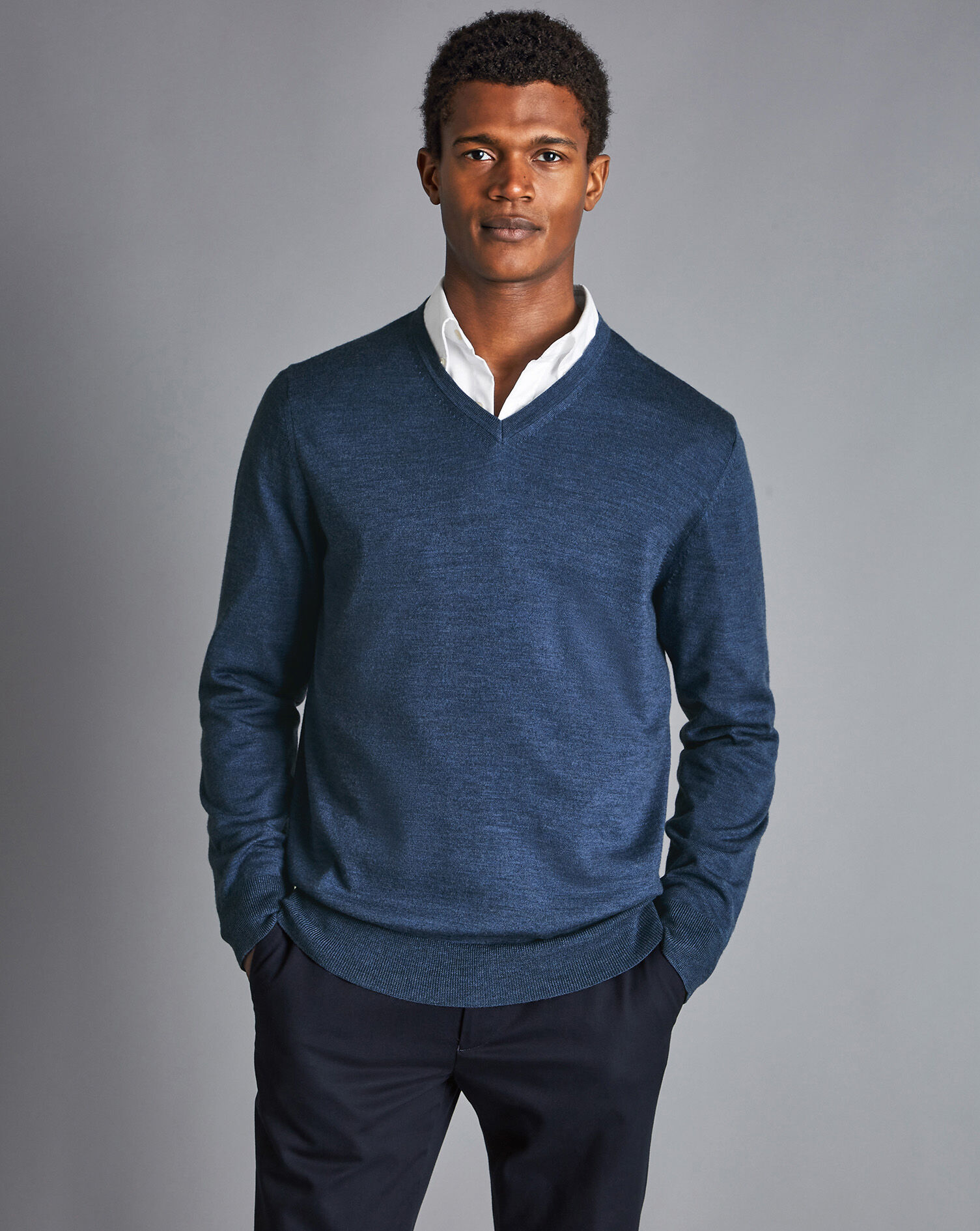 Charles Tyrwhitt Merino V-Neck Sweater - Indigo Melange
