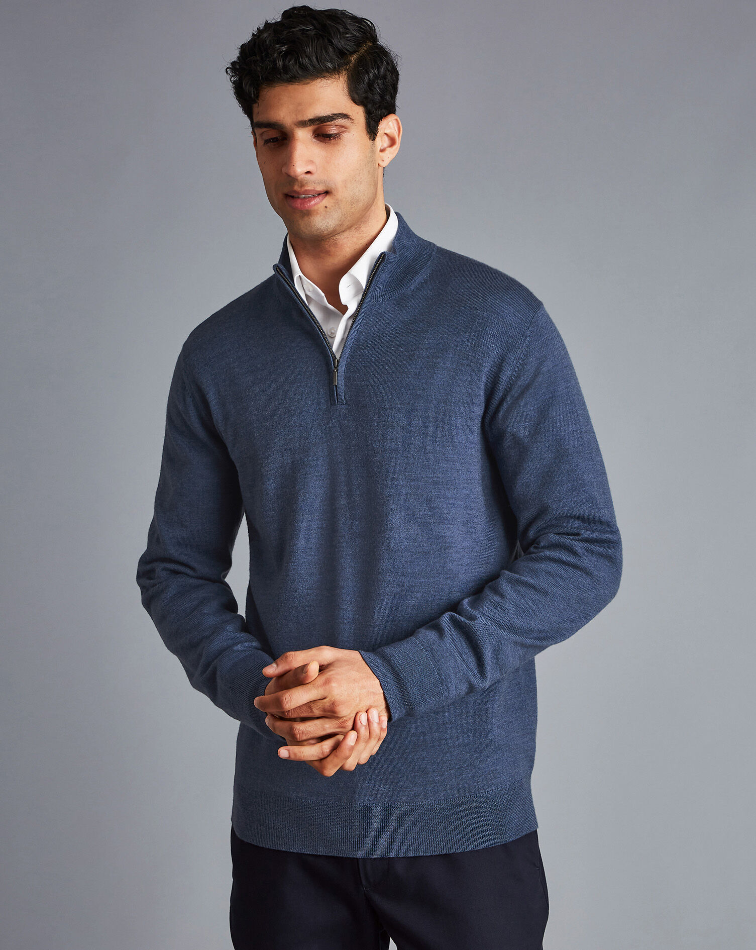 Charles Tyrwhitt Merino Zip Neck Sweater - Indigo Melange