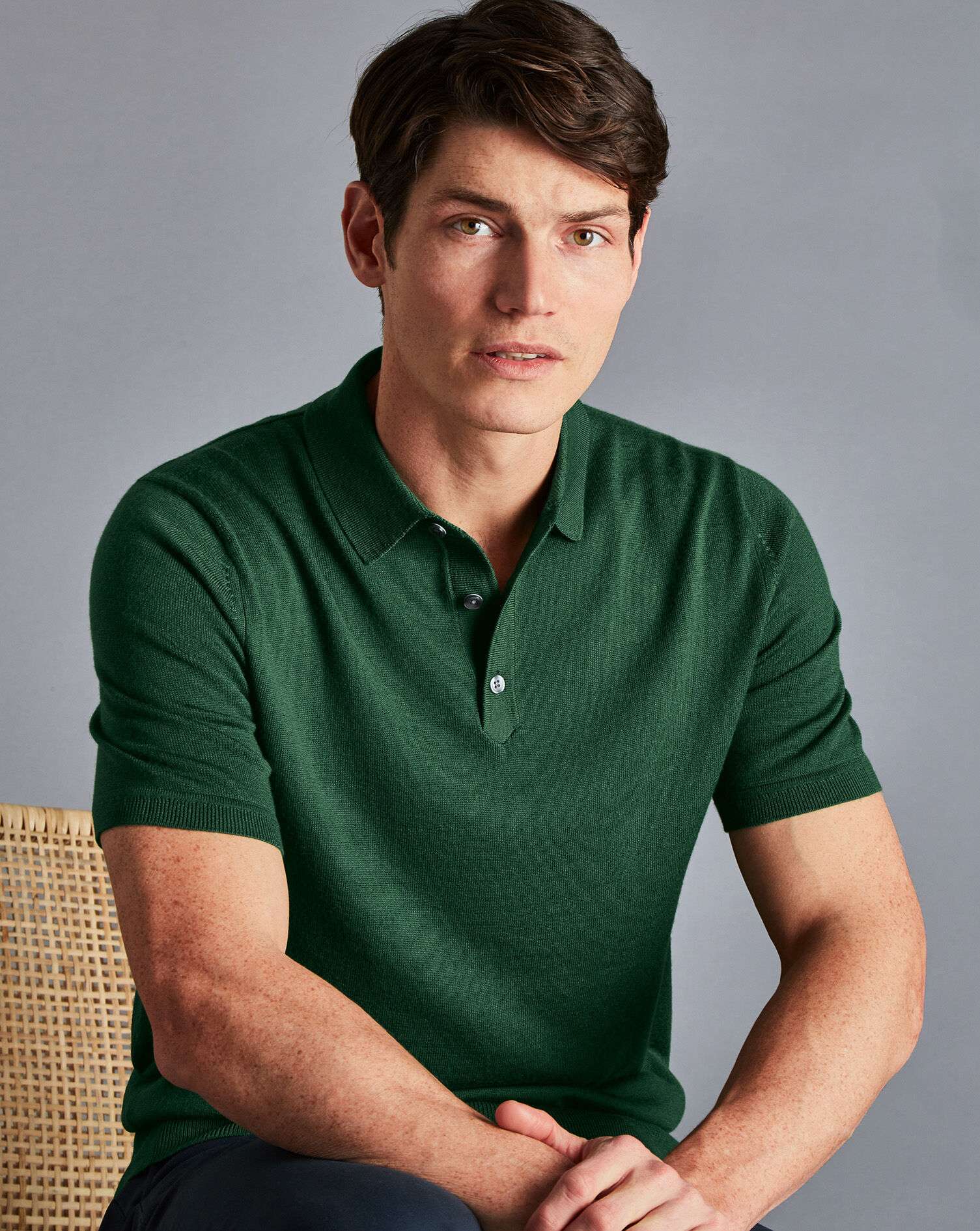 Charles Tyrwhitt Merino Short Sleeve Polo Sweater - Dark Green