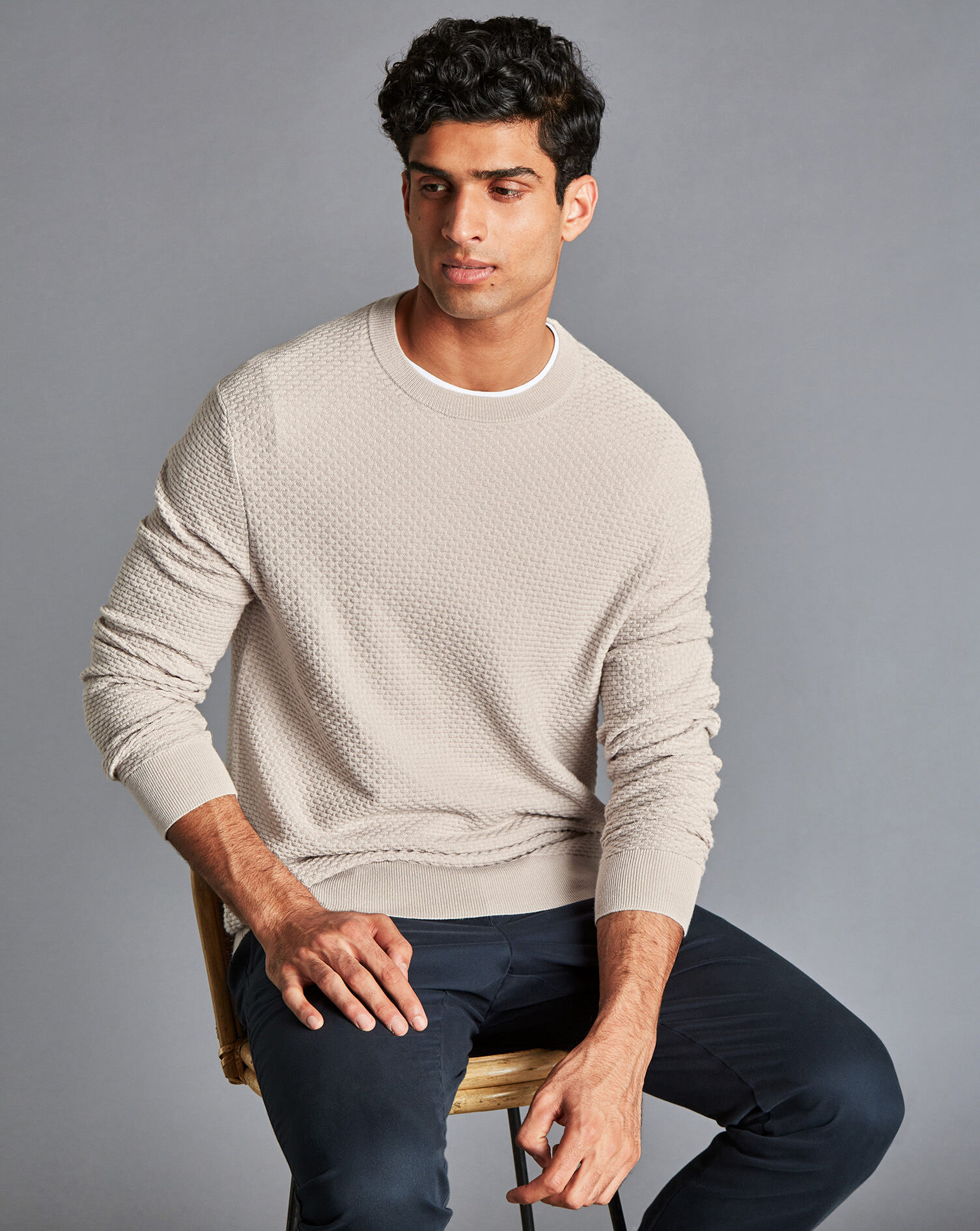 Charles Tyrwhitt Cotton Merino Textured Crew Neck Sweater - Chalk