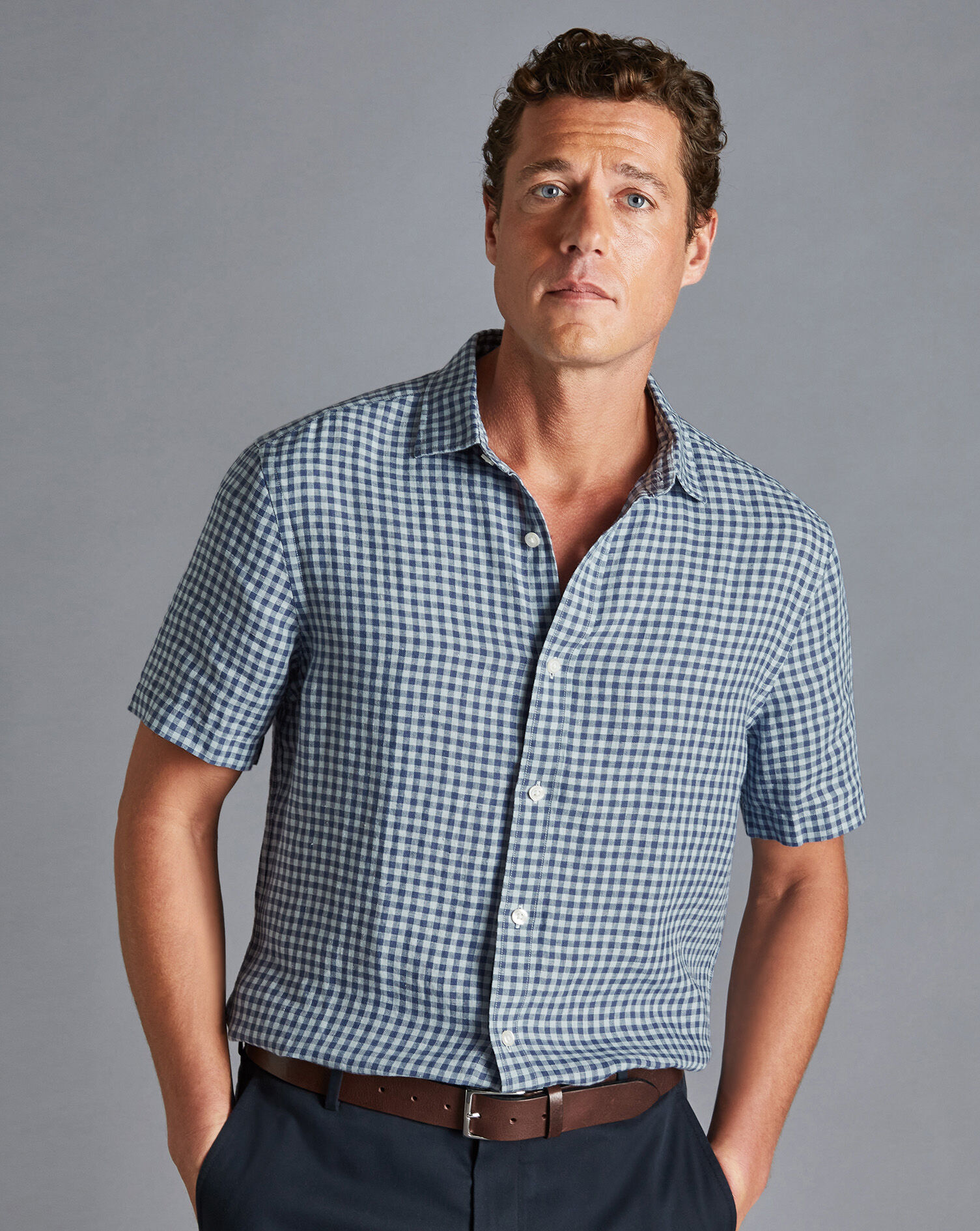 Charles Tyrwhitt Pure Linen Gingham Short Sleeve Shirt - Indigo Blue