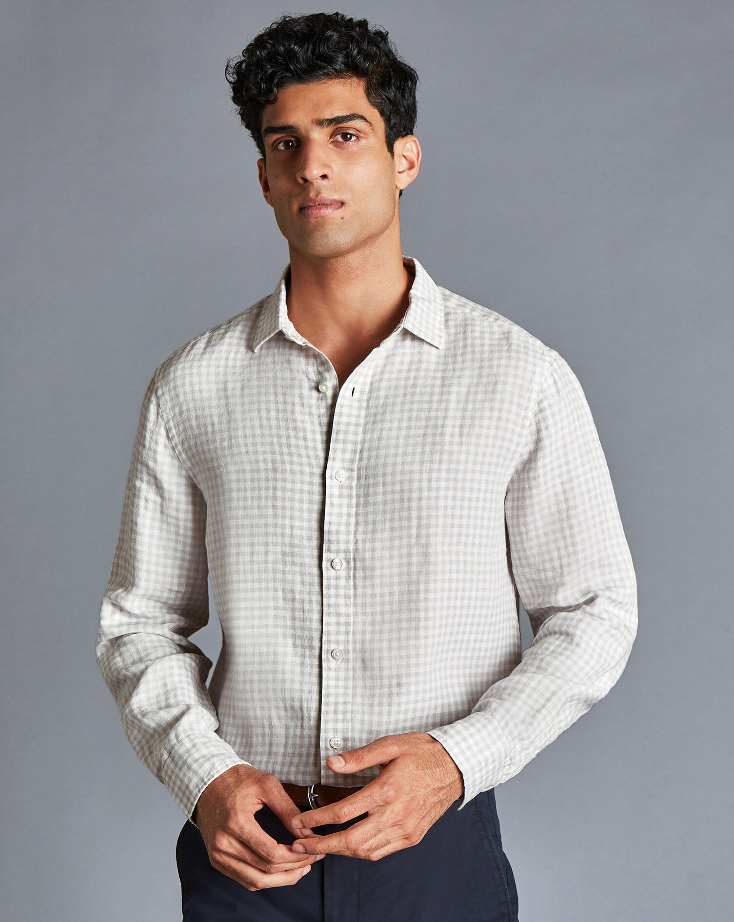 Charles Tyrwhitt Pure Linen Gingham Shirt - Silver Grey
