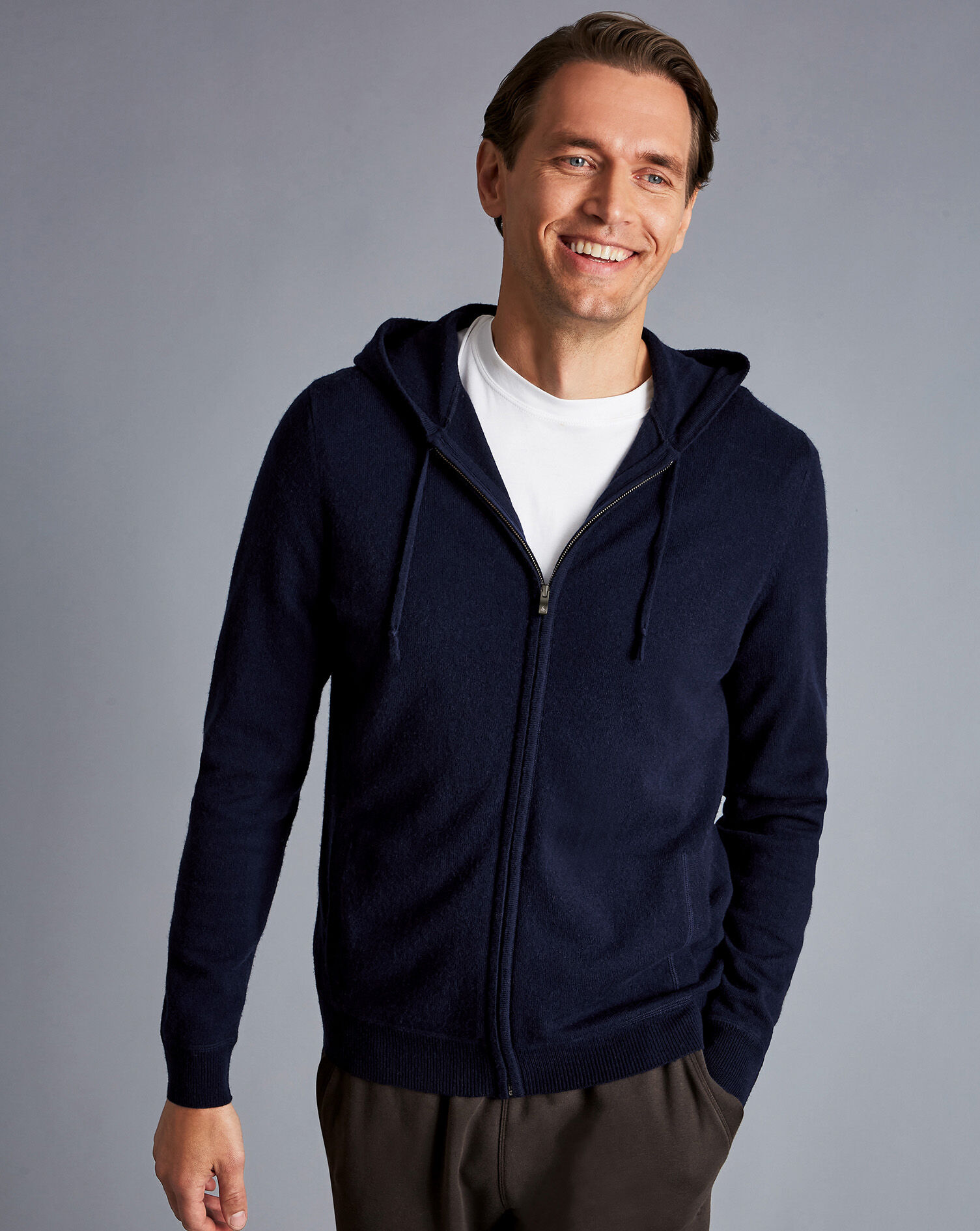 Charles Tyrwhitt Merino Cashmere Hooded Zip Through Sweater - Navy