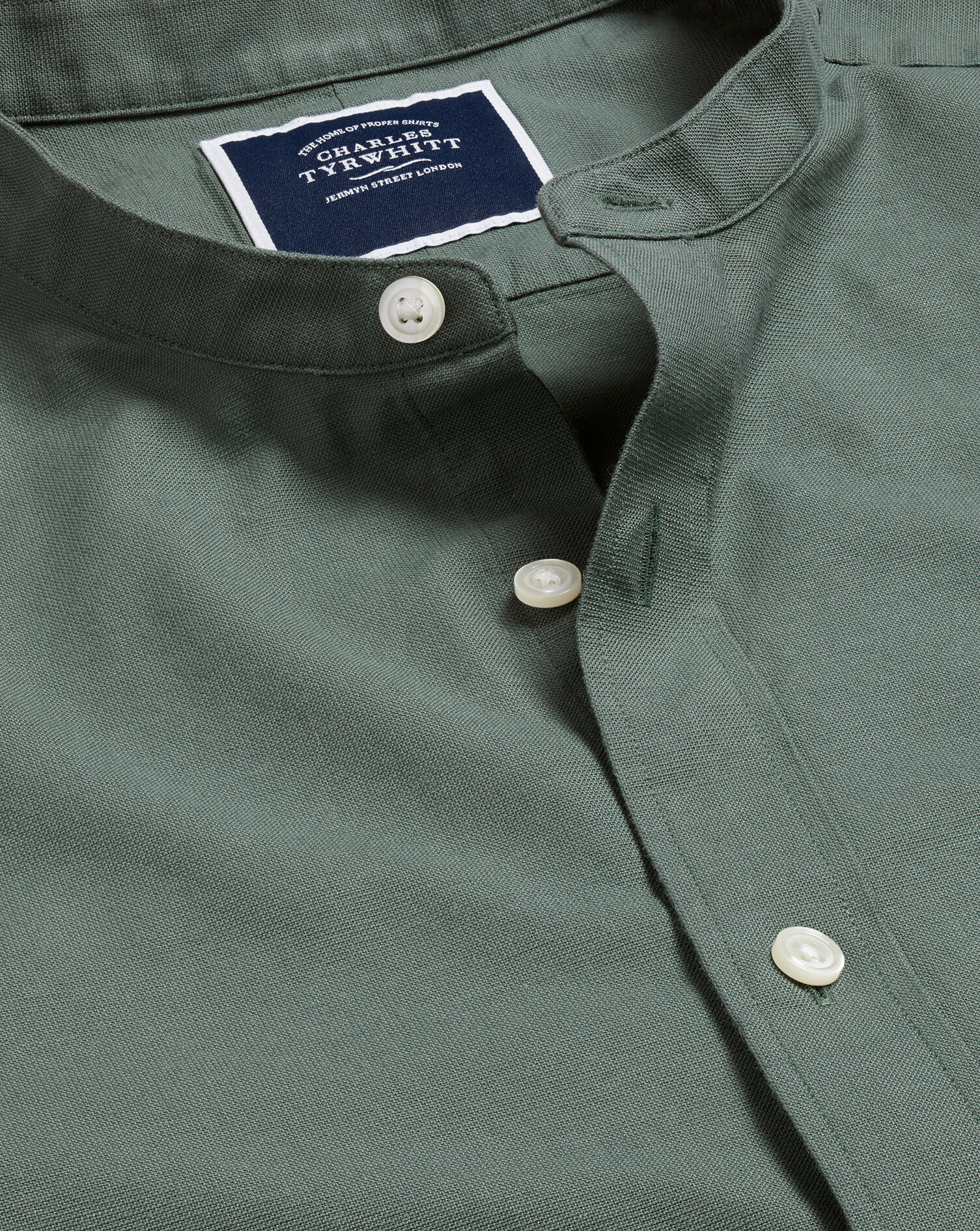 Charles Tyrwhitt Collarless Cotton Linen Shirt - Olive Green