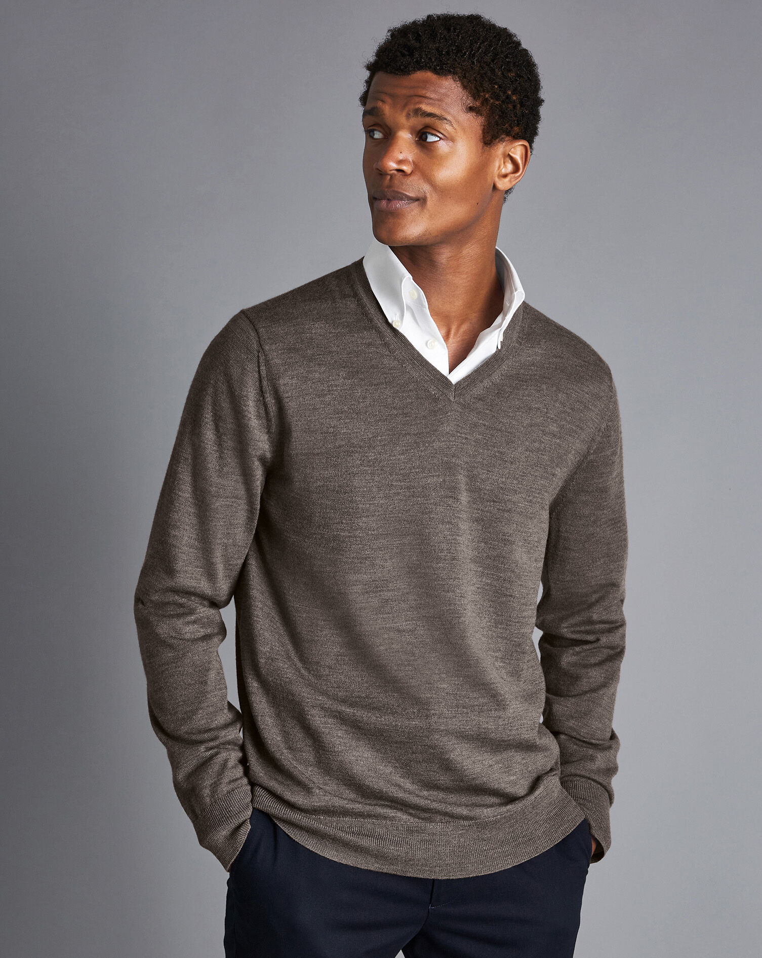 Charles Tyrwhitt Merino V-Neck Sweater - Mocha