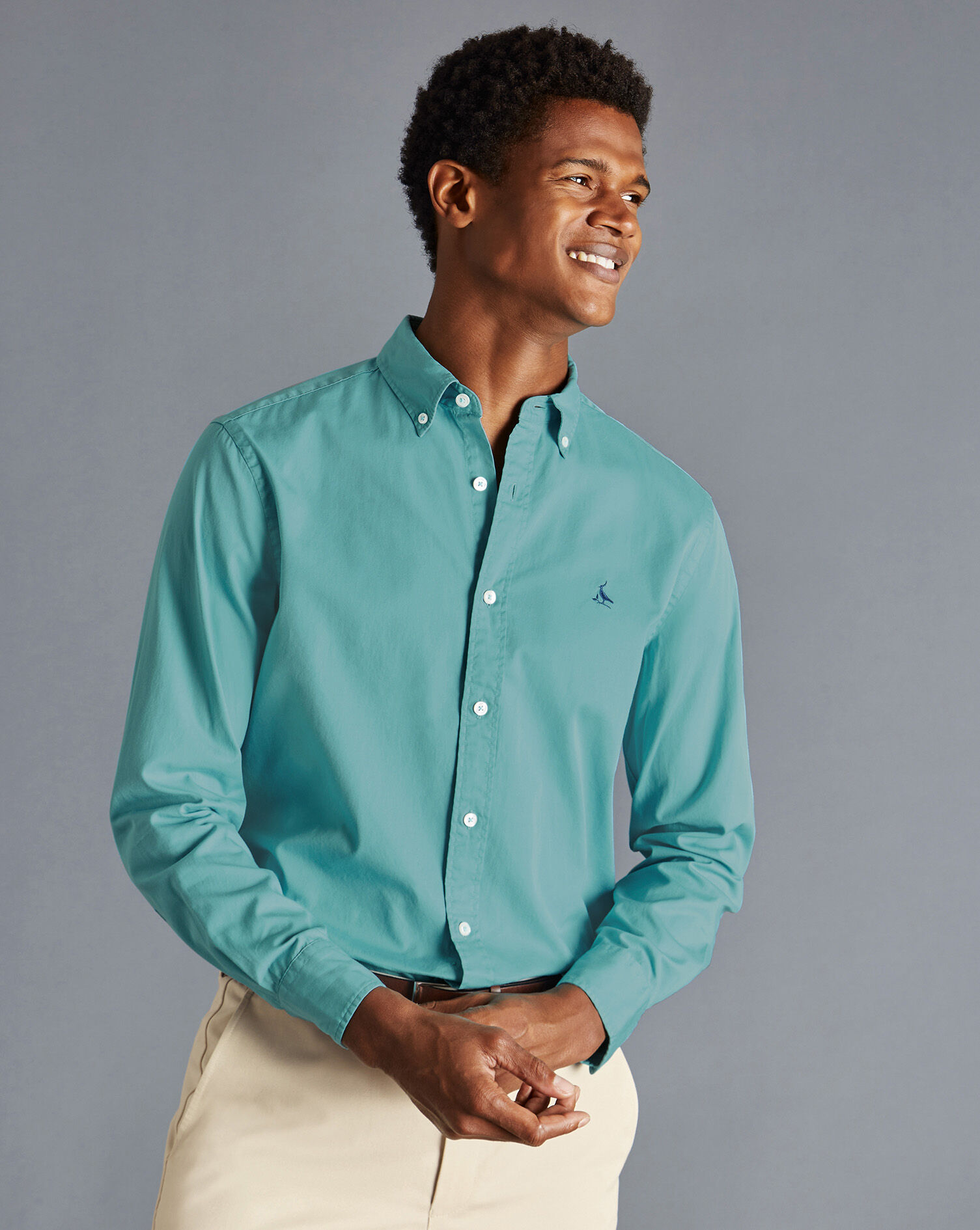 Charles Tyrwhitt Washed Fine Twill Shirt - Aqua Green
