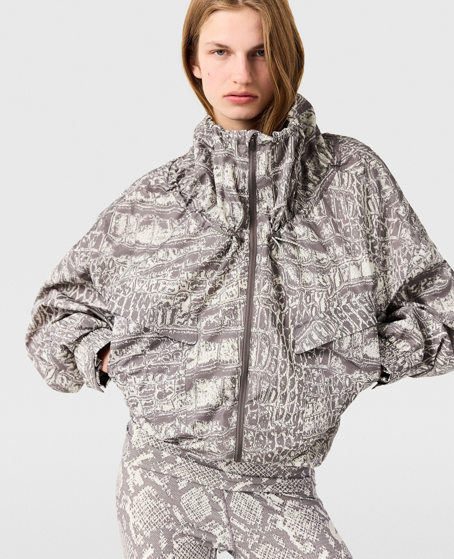 High-Neck Snake Print Hooded Jacket