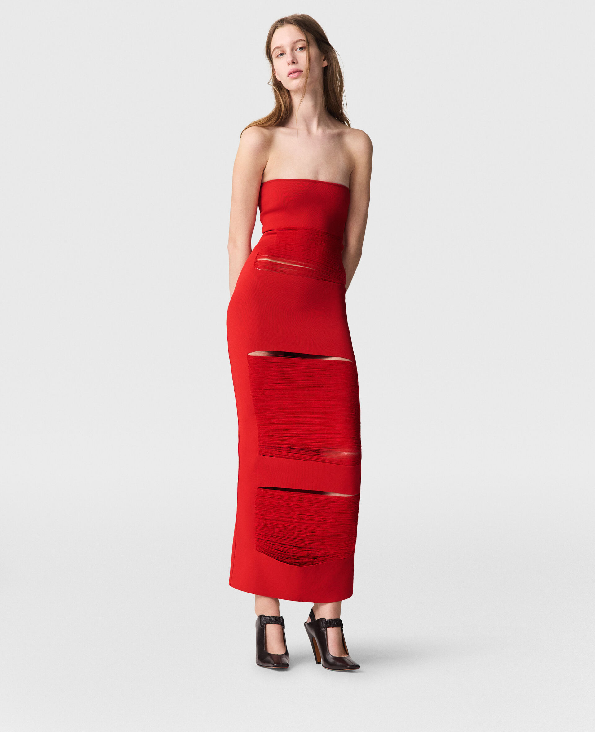 Strapless Shredded Compact Knit Maxi Dress
