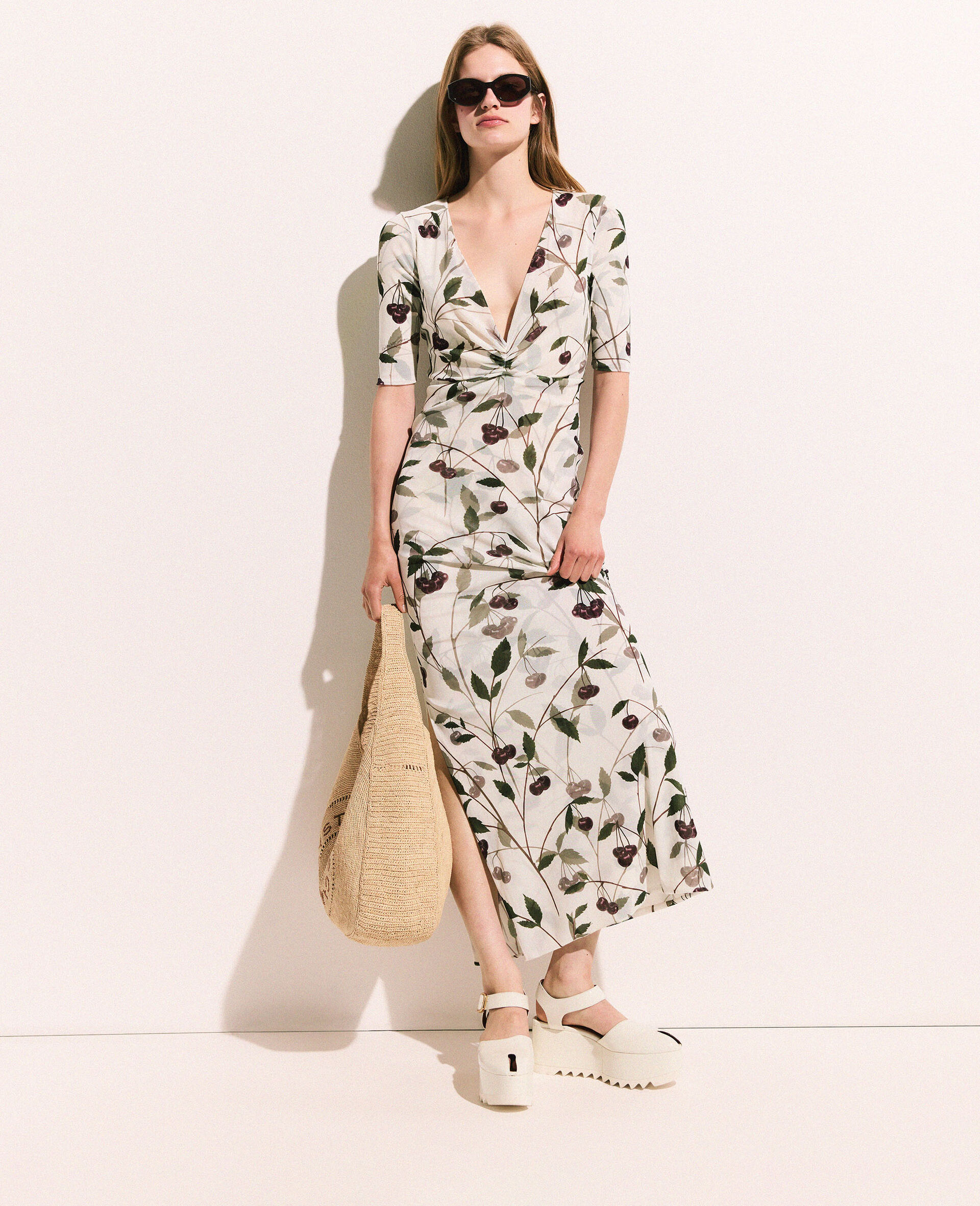Cherry Print Mesh Half Sleeve Midi Dress
