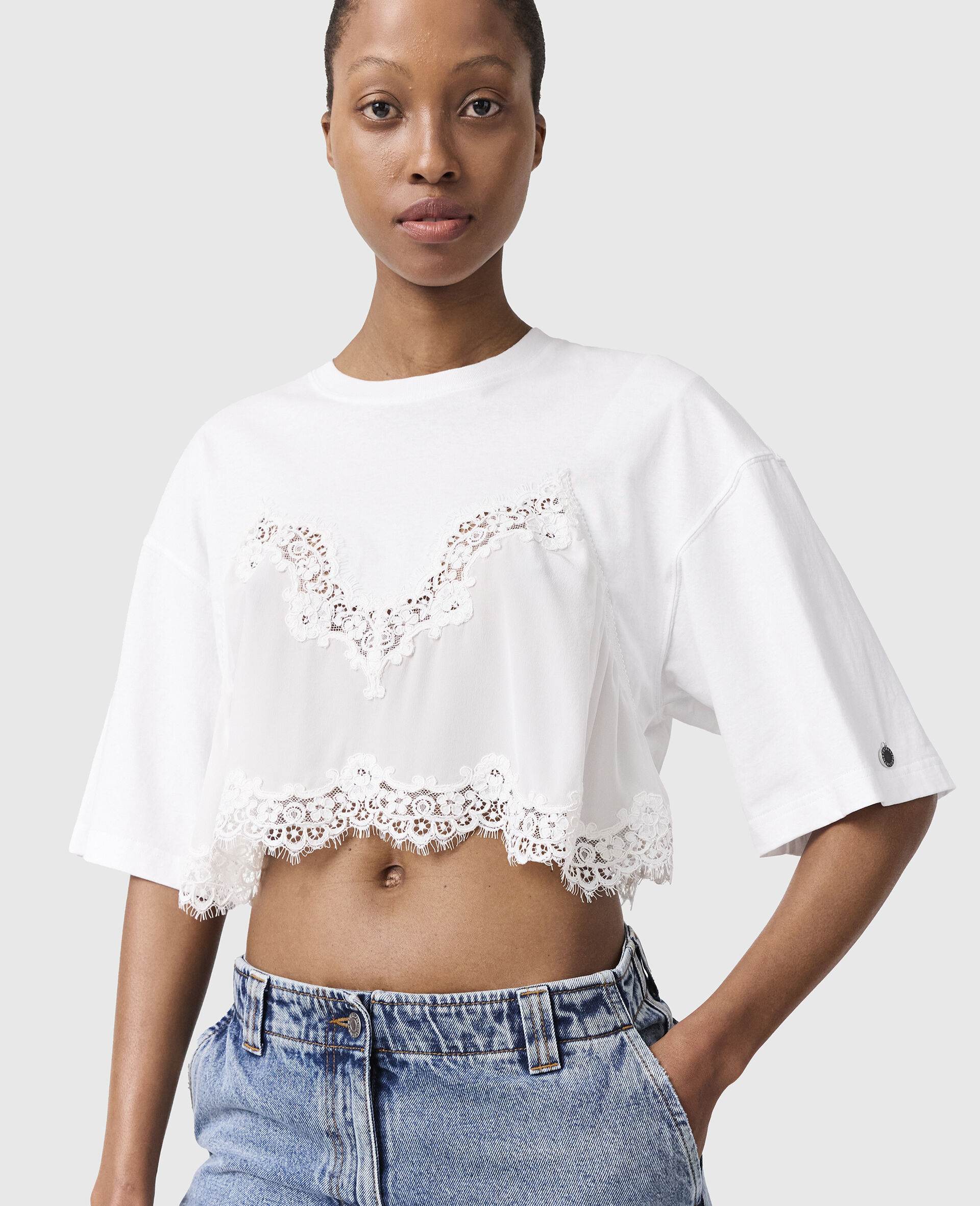 Lace Insert Cropped T-Shirt