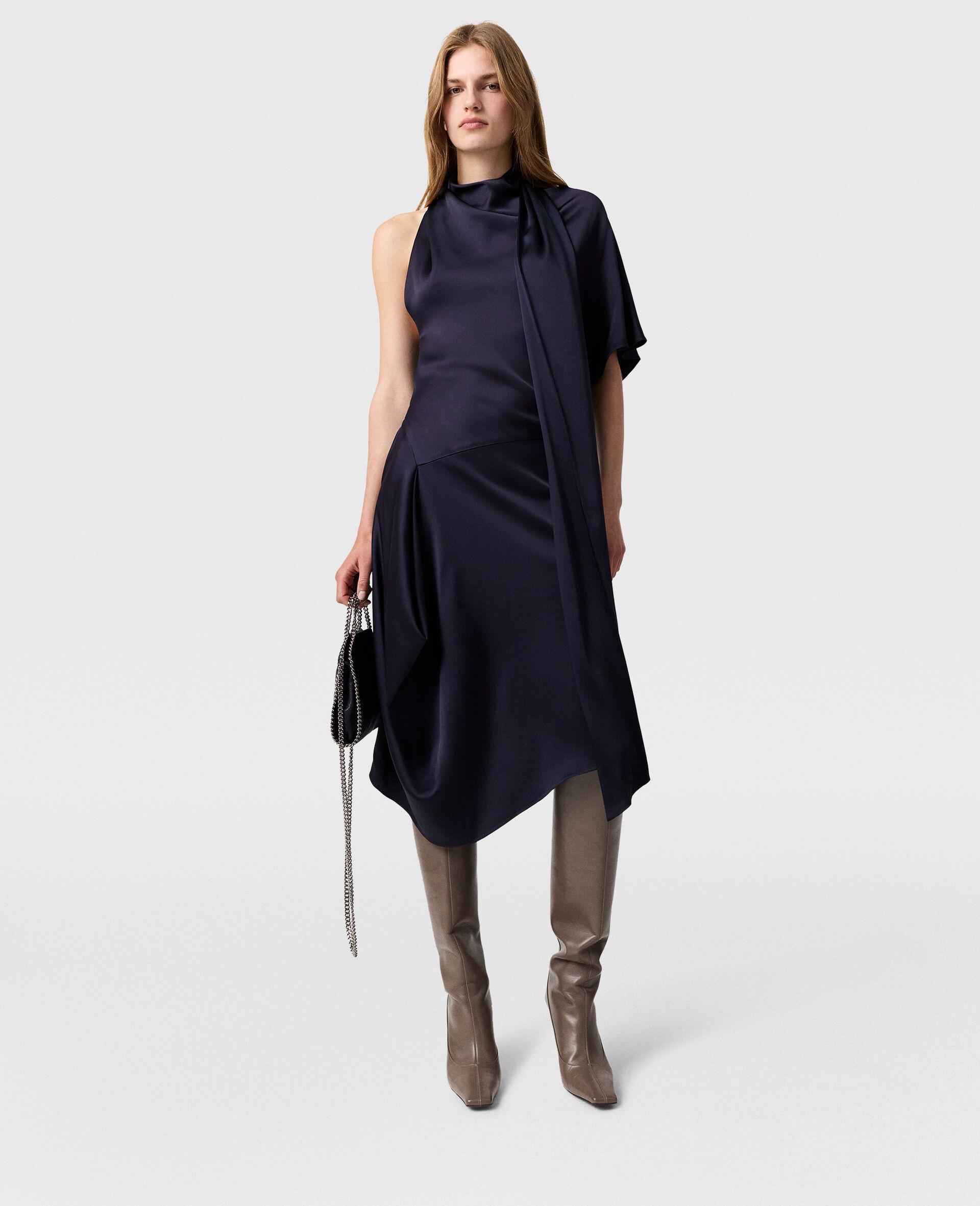 Asymmetric Tie-Neck Midi Dress