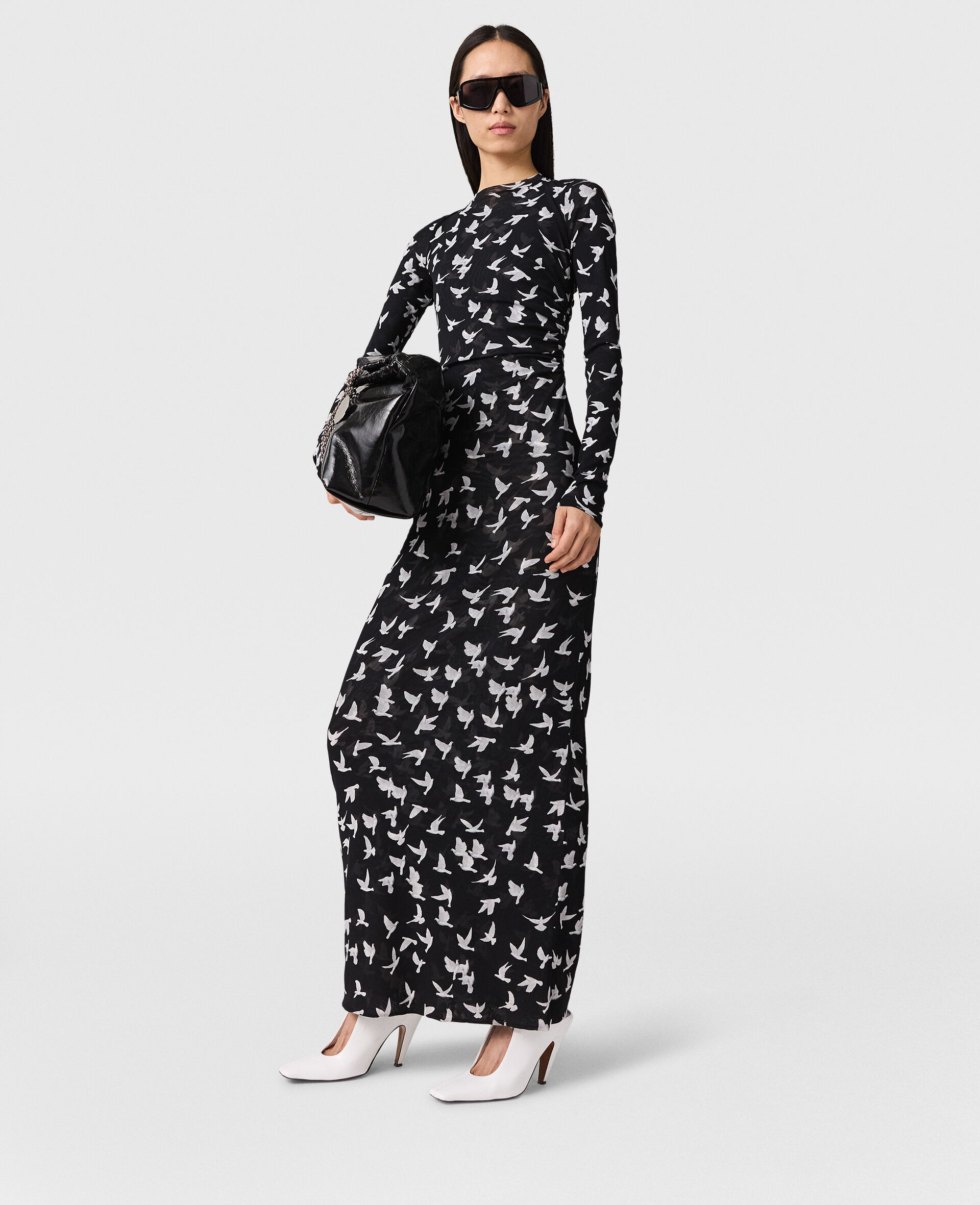 Dove Print Mesh Long-Sleeve Dress