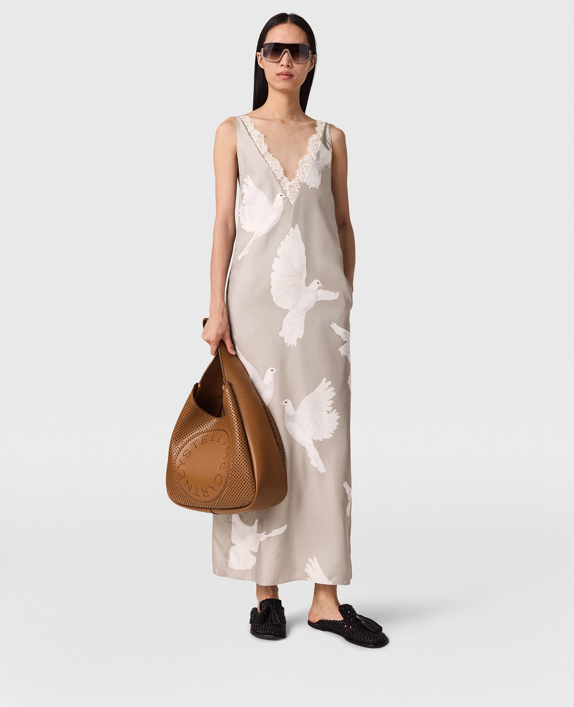 Sleeveless V-Neck Dove Print Midi Dress