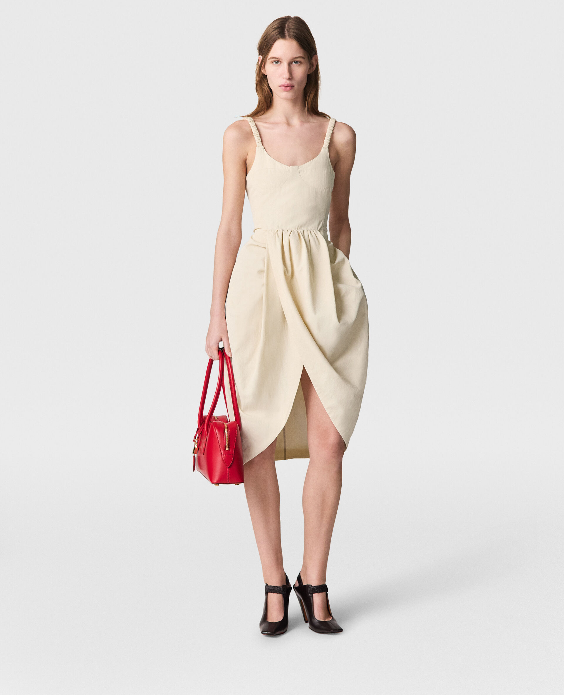 Ruched Strap Pleated Skirt Midi Dress