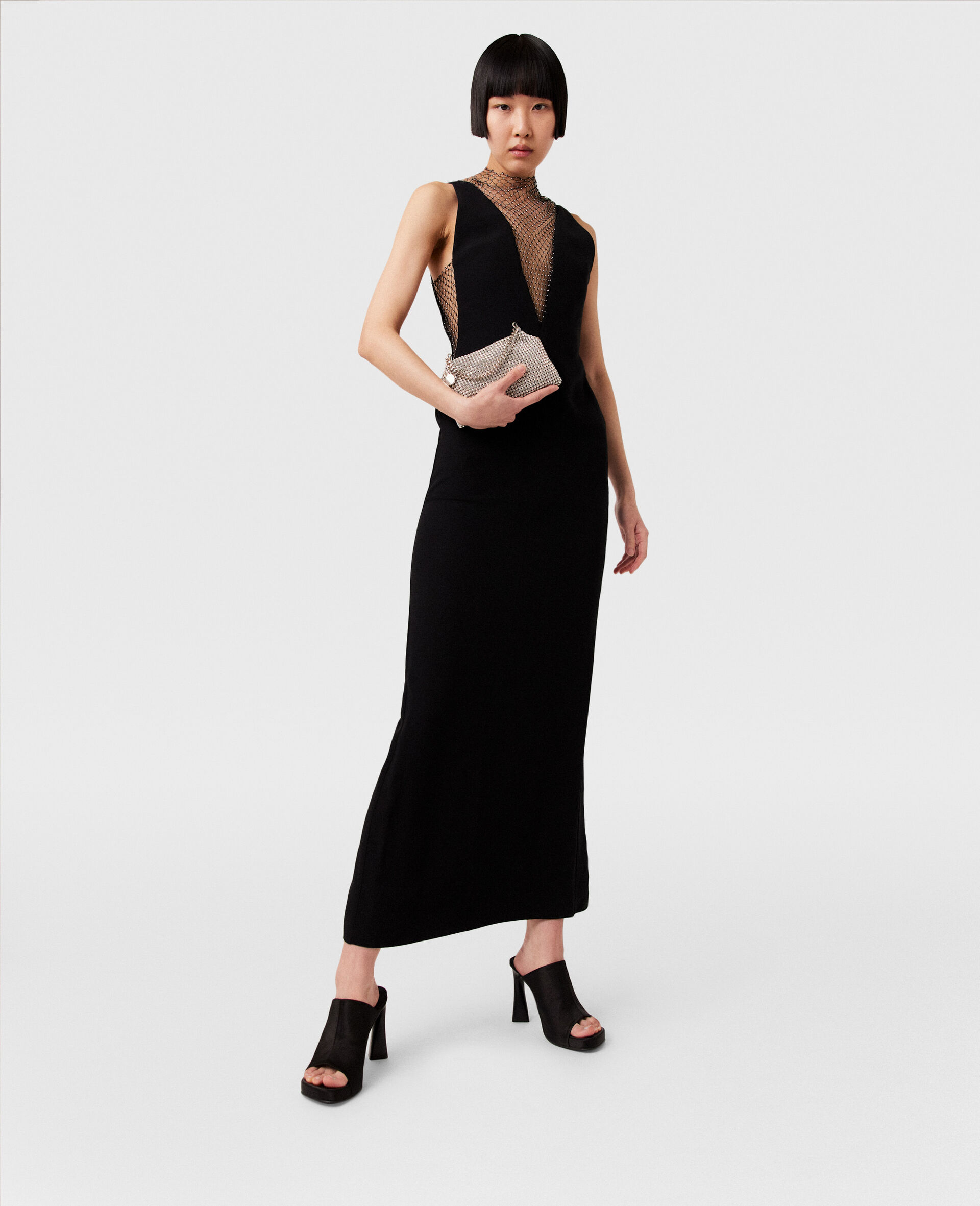 Crystal Mesh Deep V Midi Dress