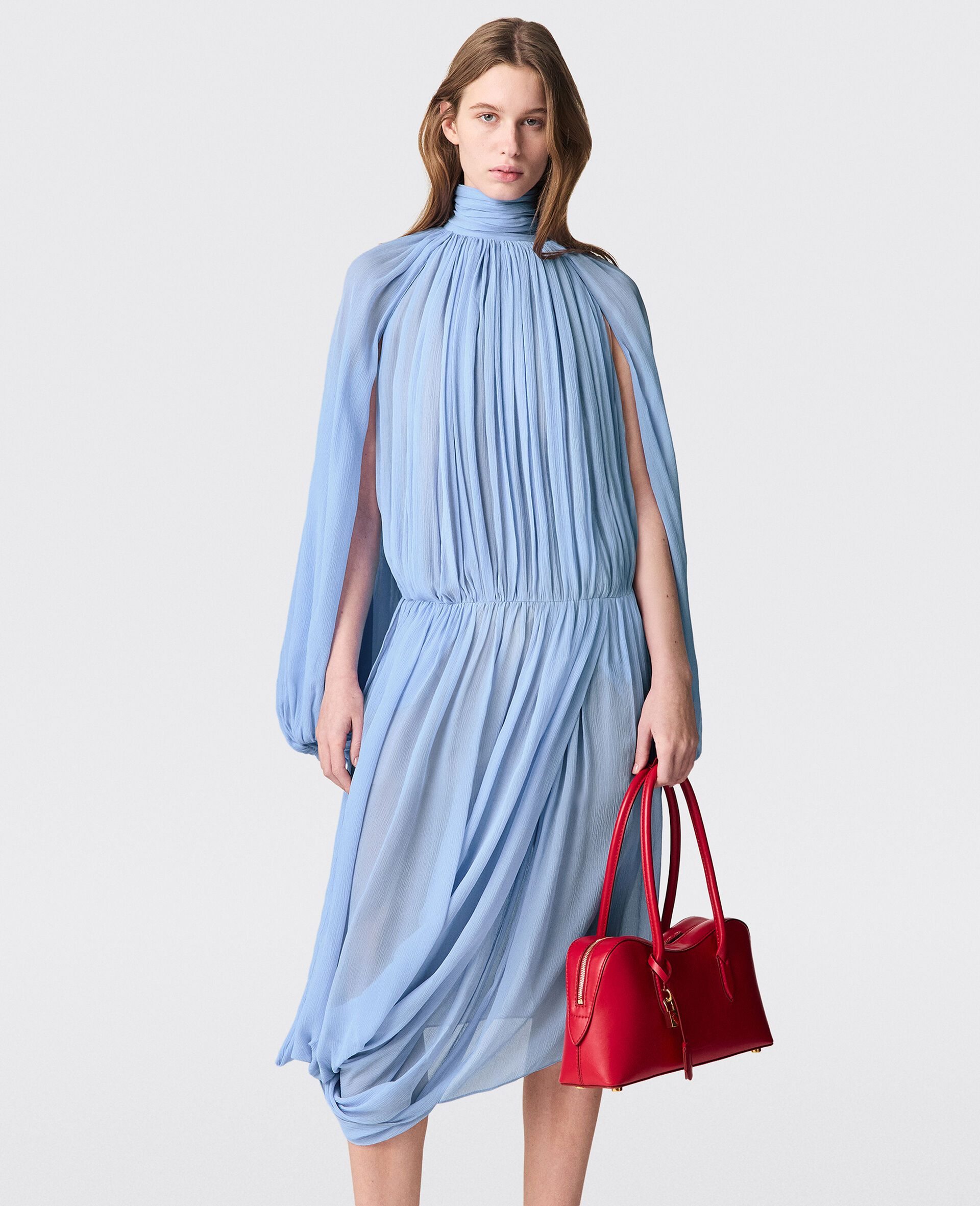 High-Neck Pleated Midi Dress