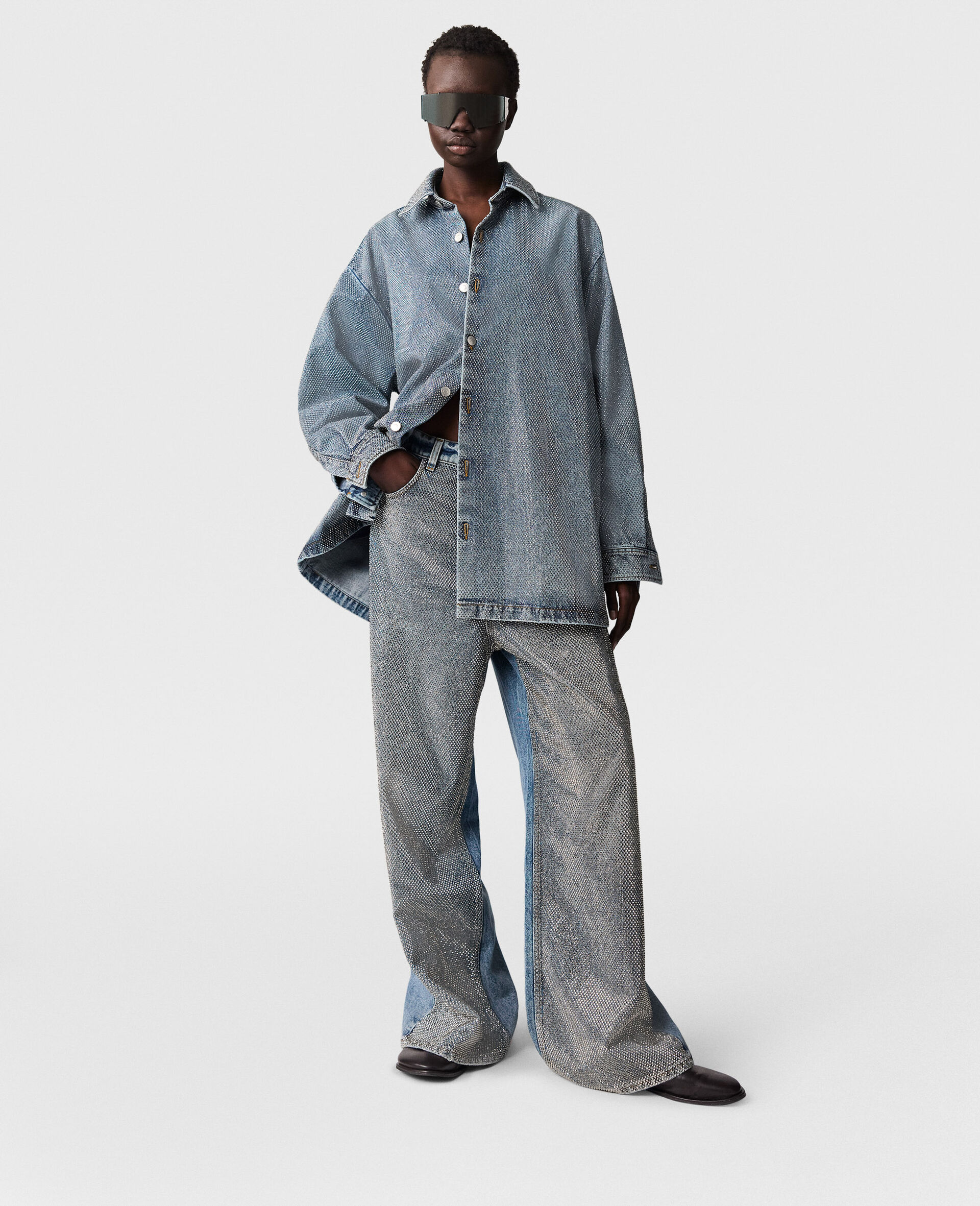 Oversized Crystal-Embellished Denim Jeans